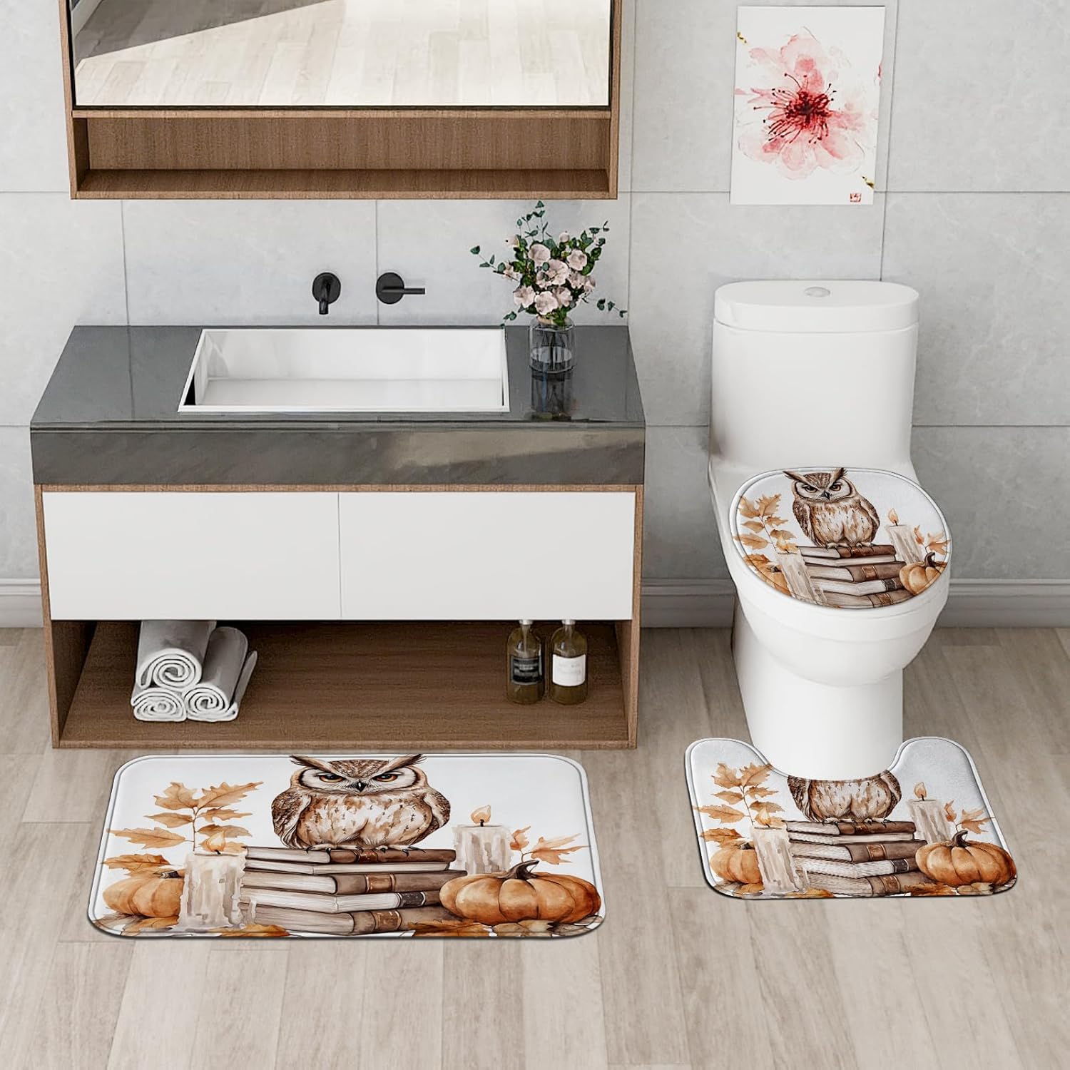 DESIHOM 4PCS Fall Owl Bird Shower Curtain Set with Non-Slip Rug and 12 Hooks