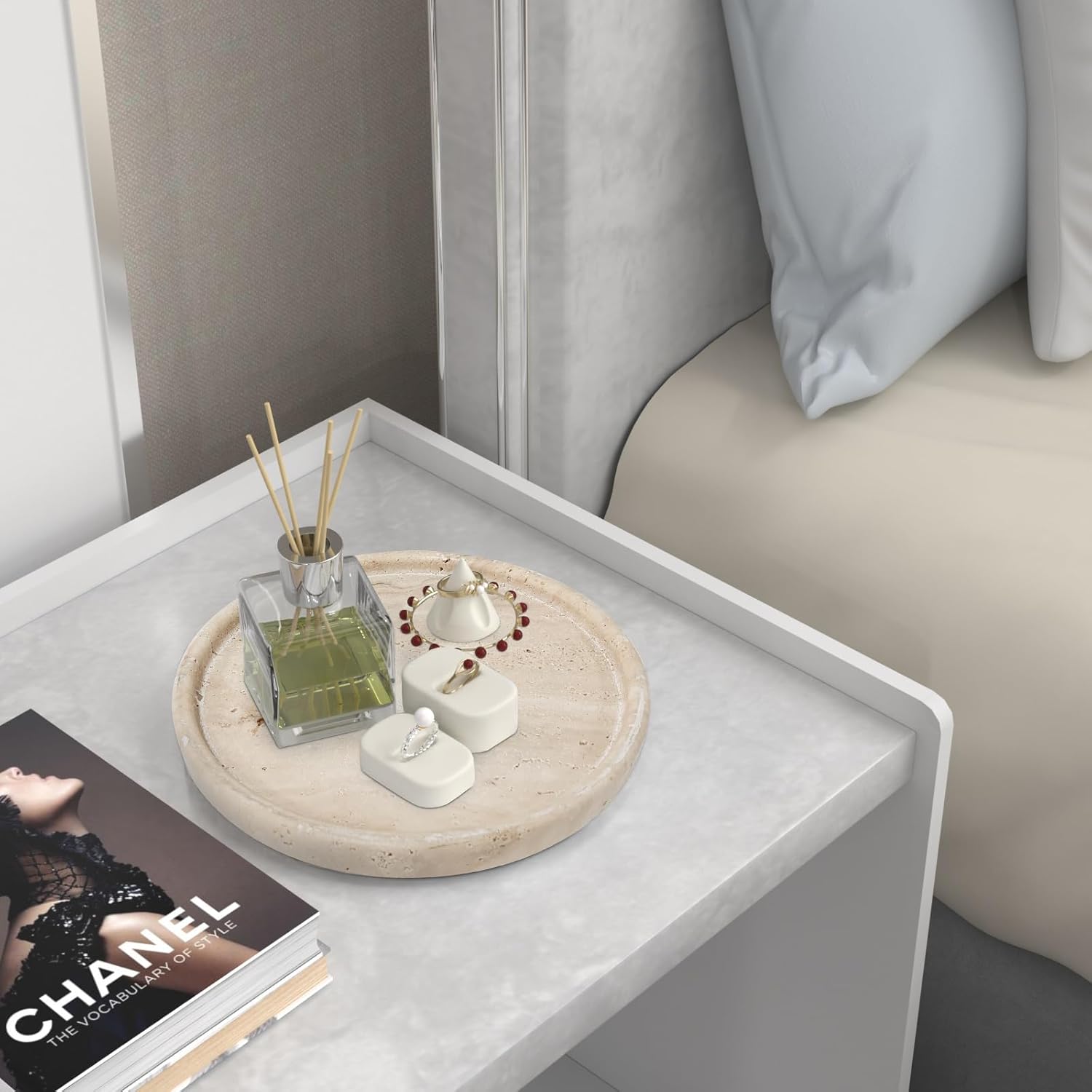 Travertine Tray Round Marble Vanity Tray for Bathroom Decor Small Ceramic Jewelry Holder