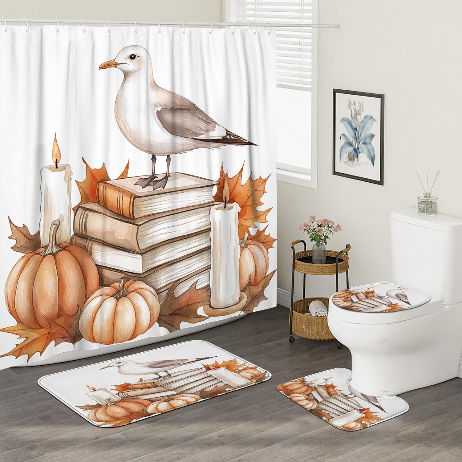 DESIHOM 4PCS Fall Seagull Bird Shower Curtain Set with Hooks and Non-Slip Rug