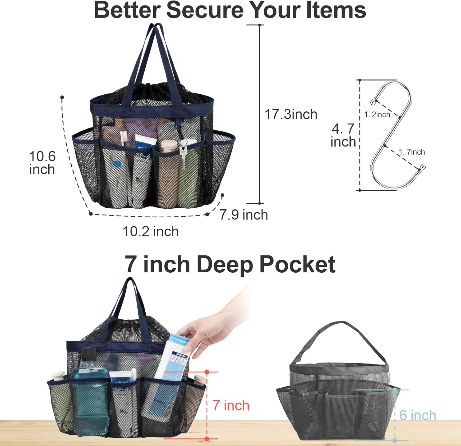 F-color Mesh Shower Caddy with Drawstring and 7 Pockets 1
