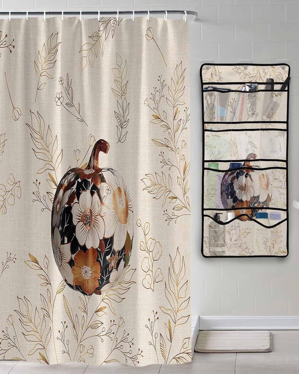 ZFUNCING Vintage Floral Pumpkin Shower Curtain Set with Hooks and Hanging Organizer