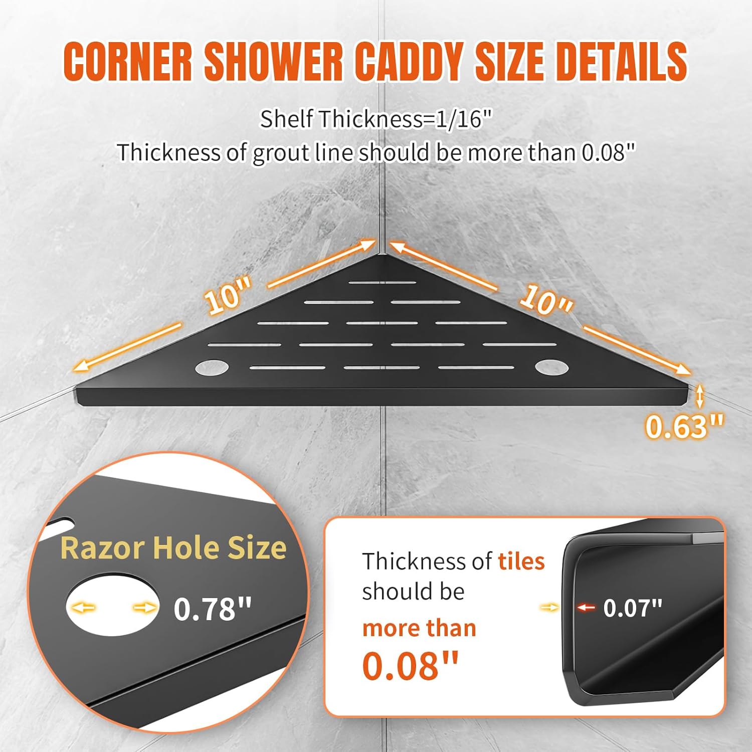 HBXS 10 Inch Black Shower Corner Shelf with Razor Hole 2-Pack