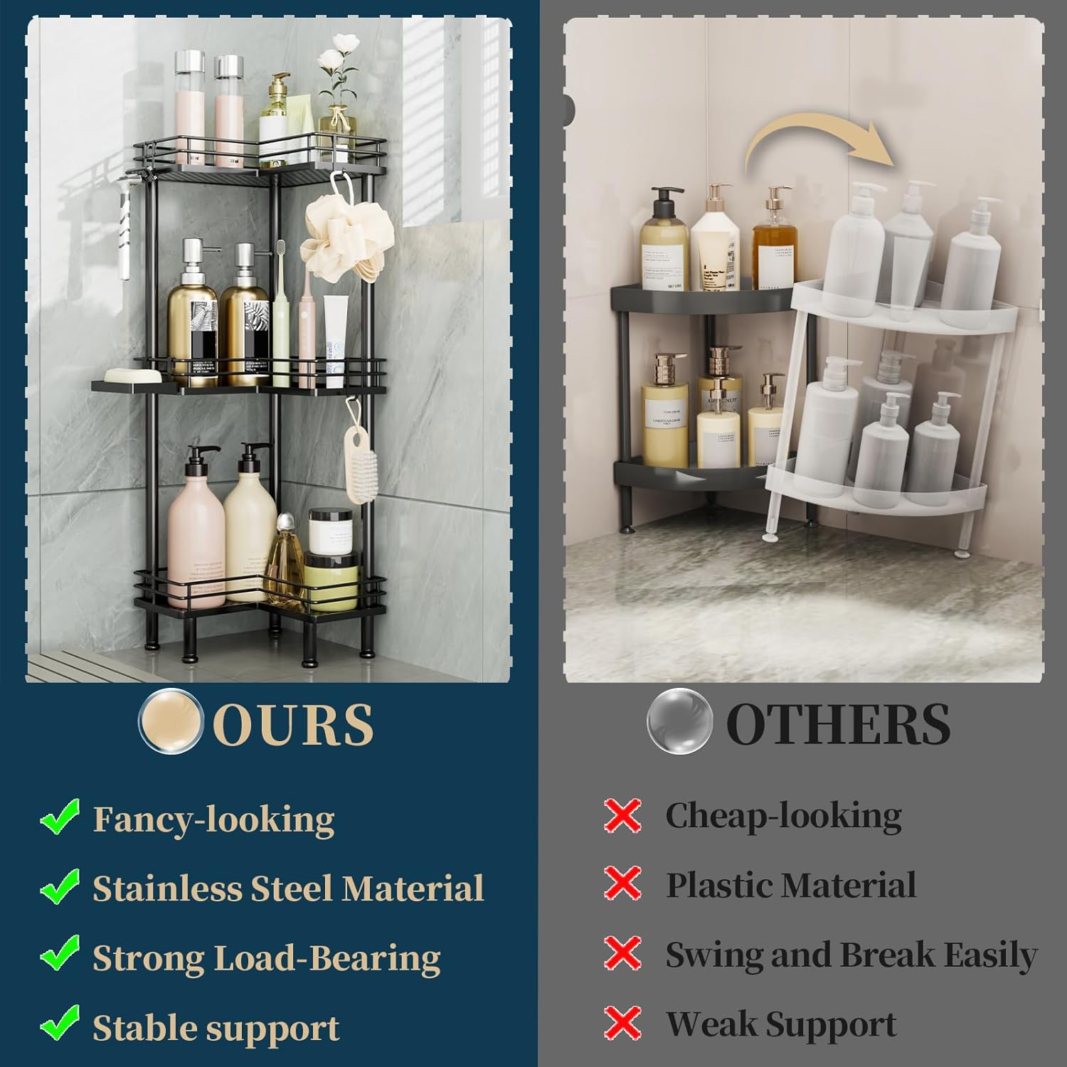 Consumest Corner Shower Caddy 3-Tier Stainless Steel Organizer with Hooks and Soap Holder