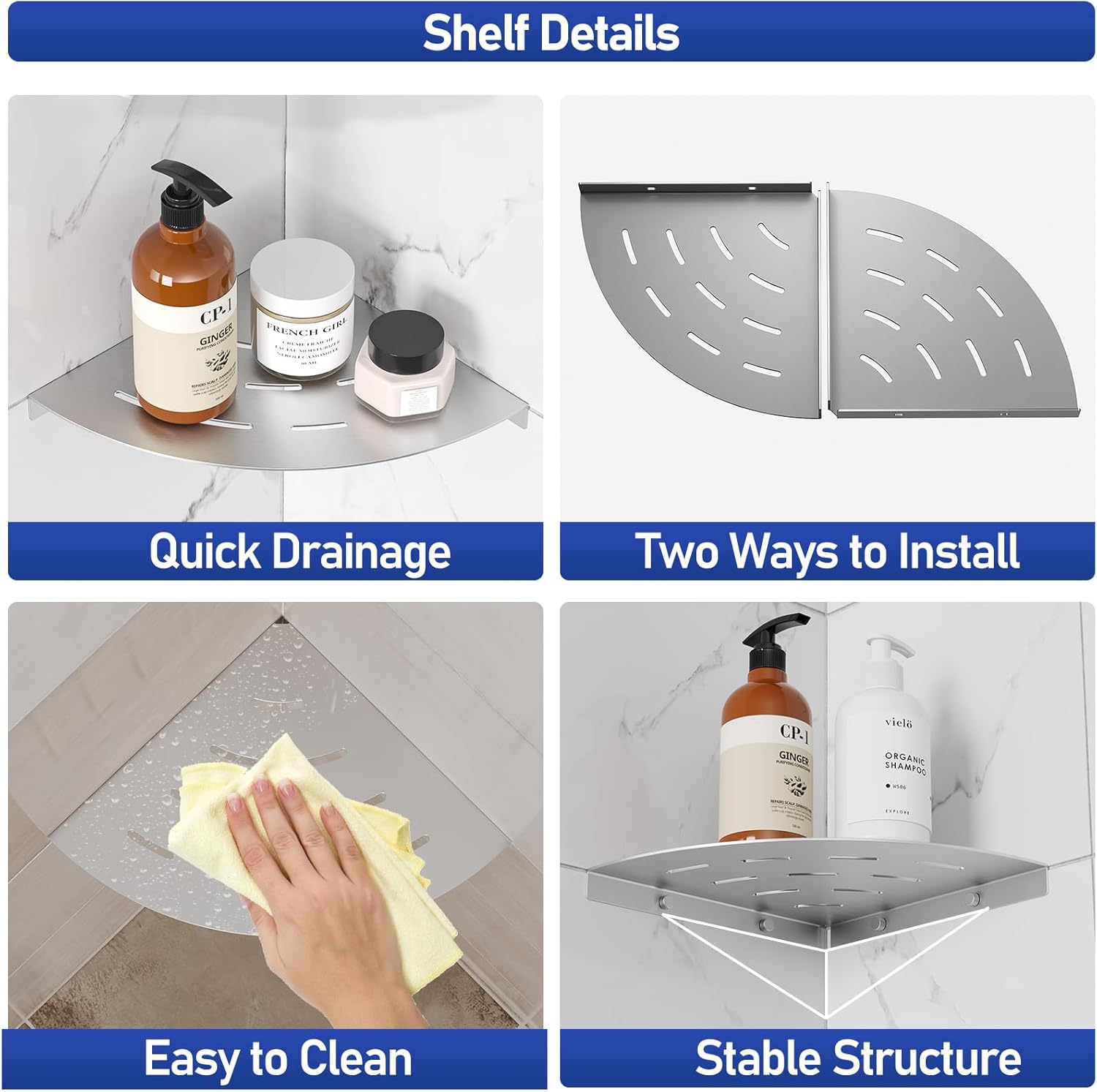 2 Pack Corner Shower Shelves Brushed Nickel Stainless Steel 8 in Drilling Installation