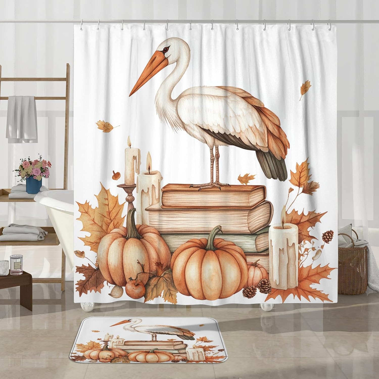 DESIHOM 4PCS Fall Storks Bird Shower Curtain Set with Hooks Non-Slip Rug U Shape Toilet Lid Cover Mat