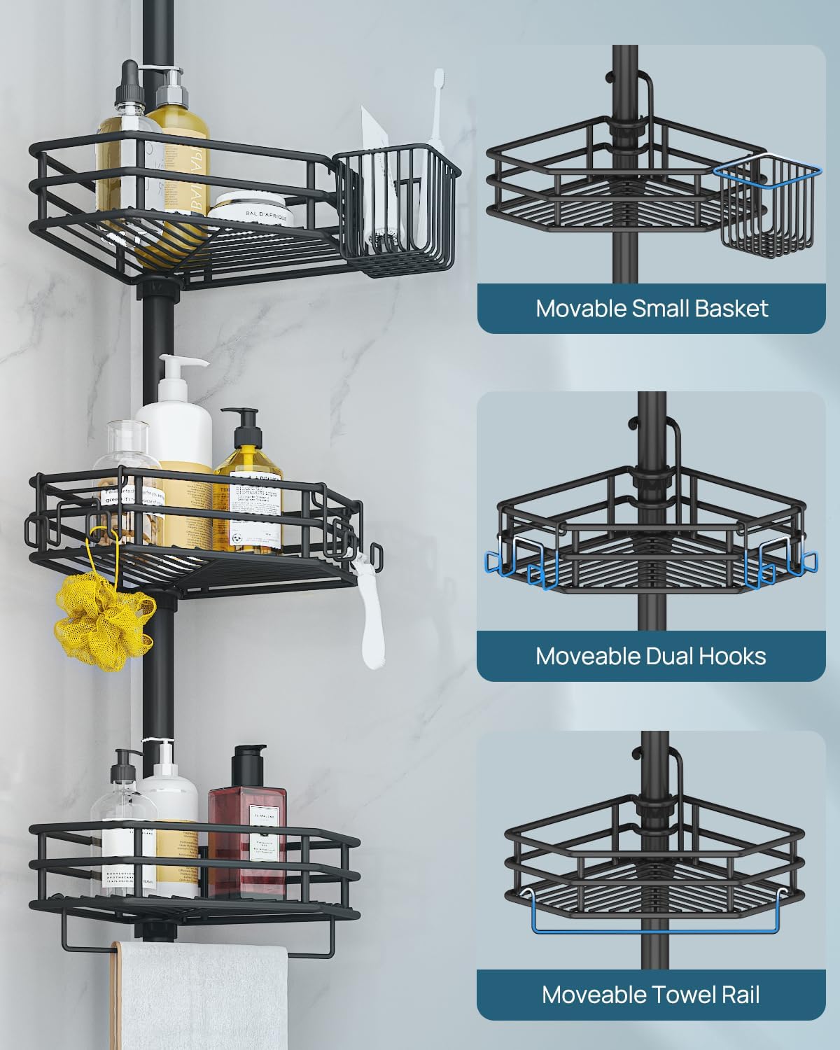 SEIRIONE Corner Shower Caddy Tension Pole with 4-Tier Adjustable Shelf Drill Free Rust-Proof Black