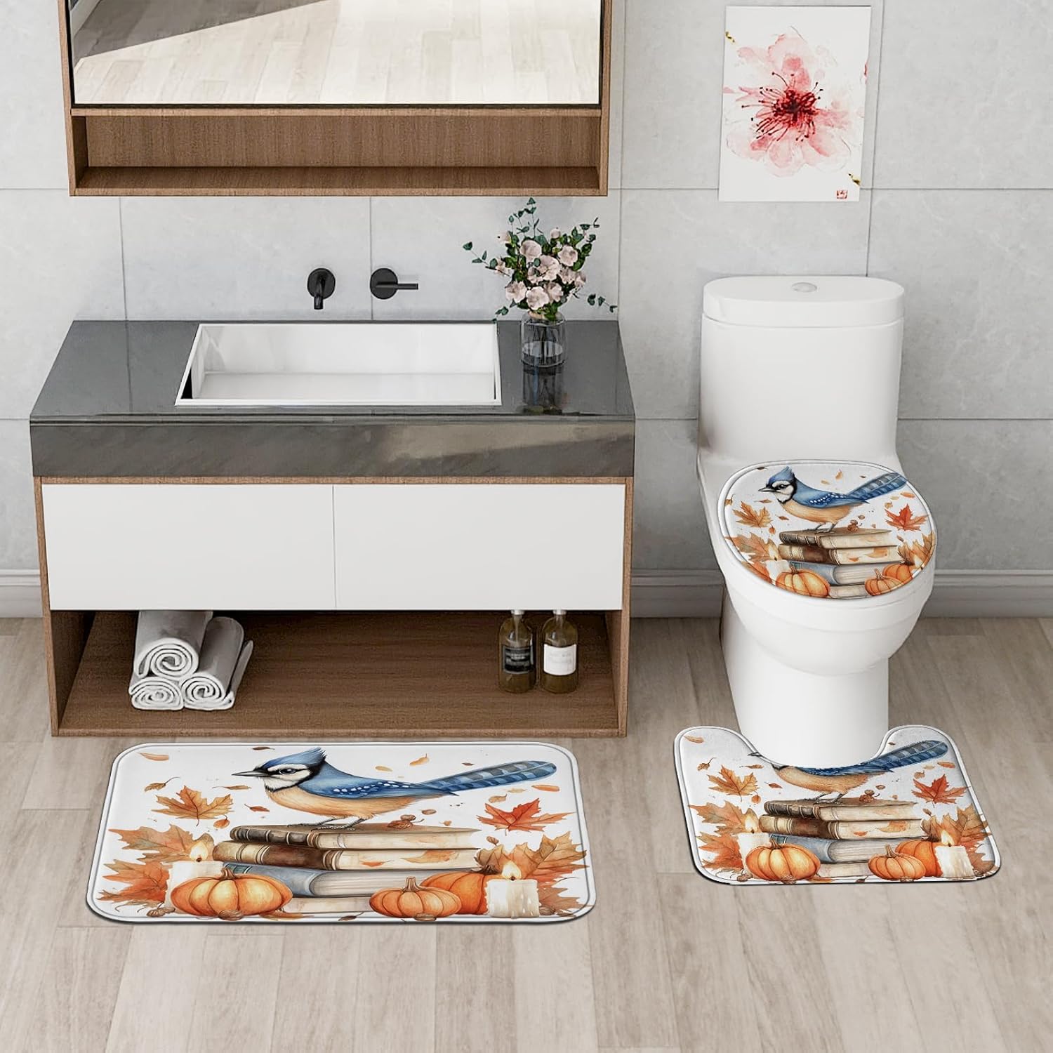 DESIHOM 4PCS Fall Blue Jay Bird Shower Curtain Set with Non-Slip Rug and Hooks