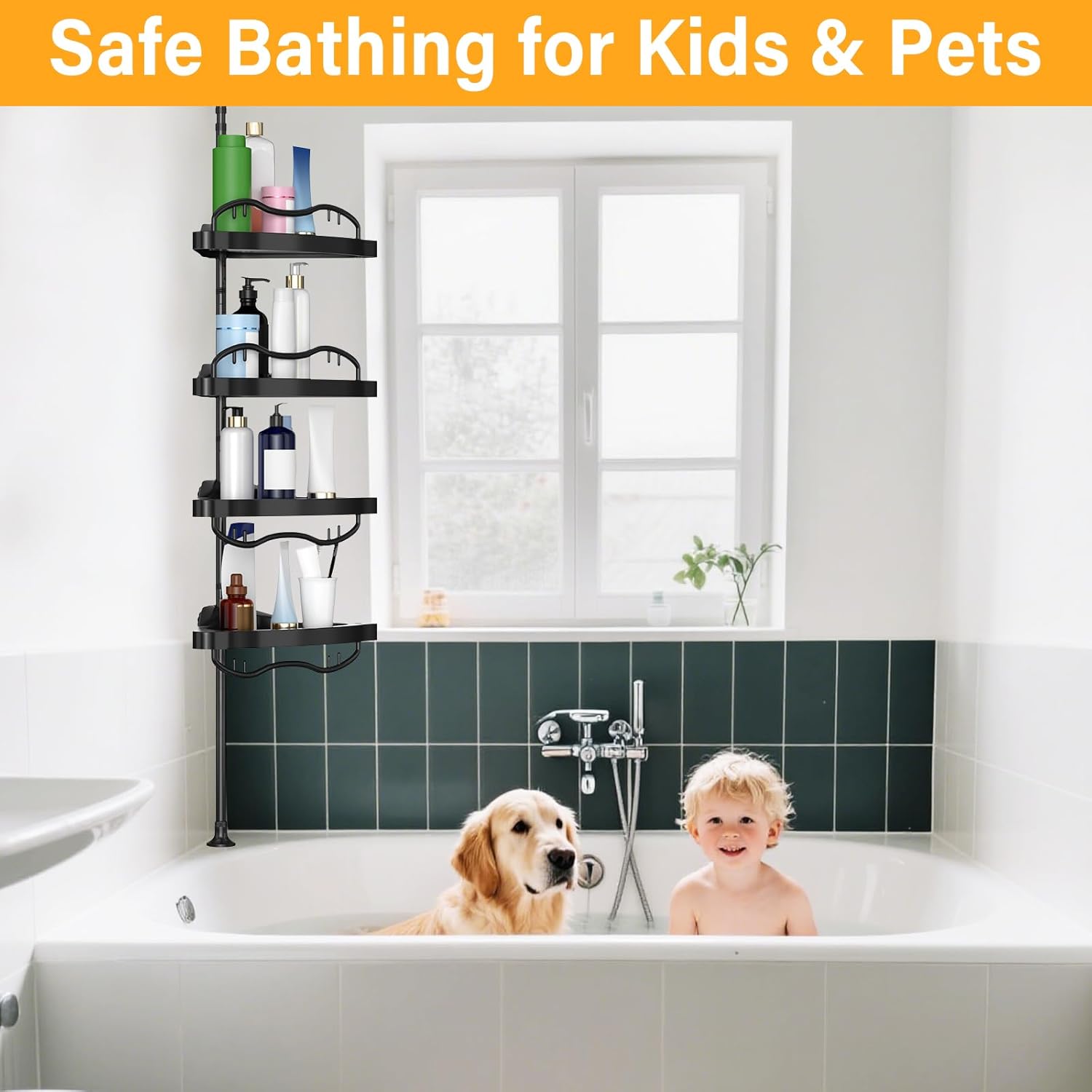 Black Corner Shower Caddy Tension Pole - Heavy Duty Rustproof Stainless Steel Organizer with 4 Adjustable Shelves