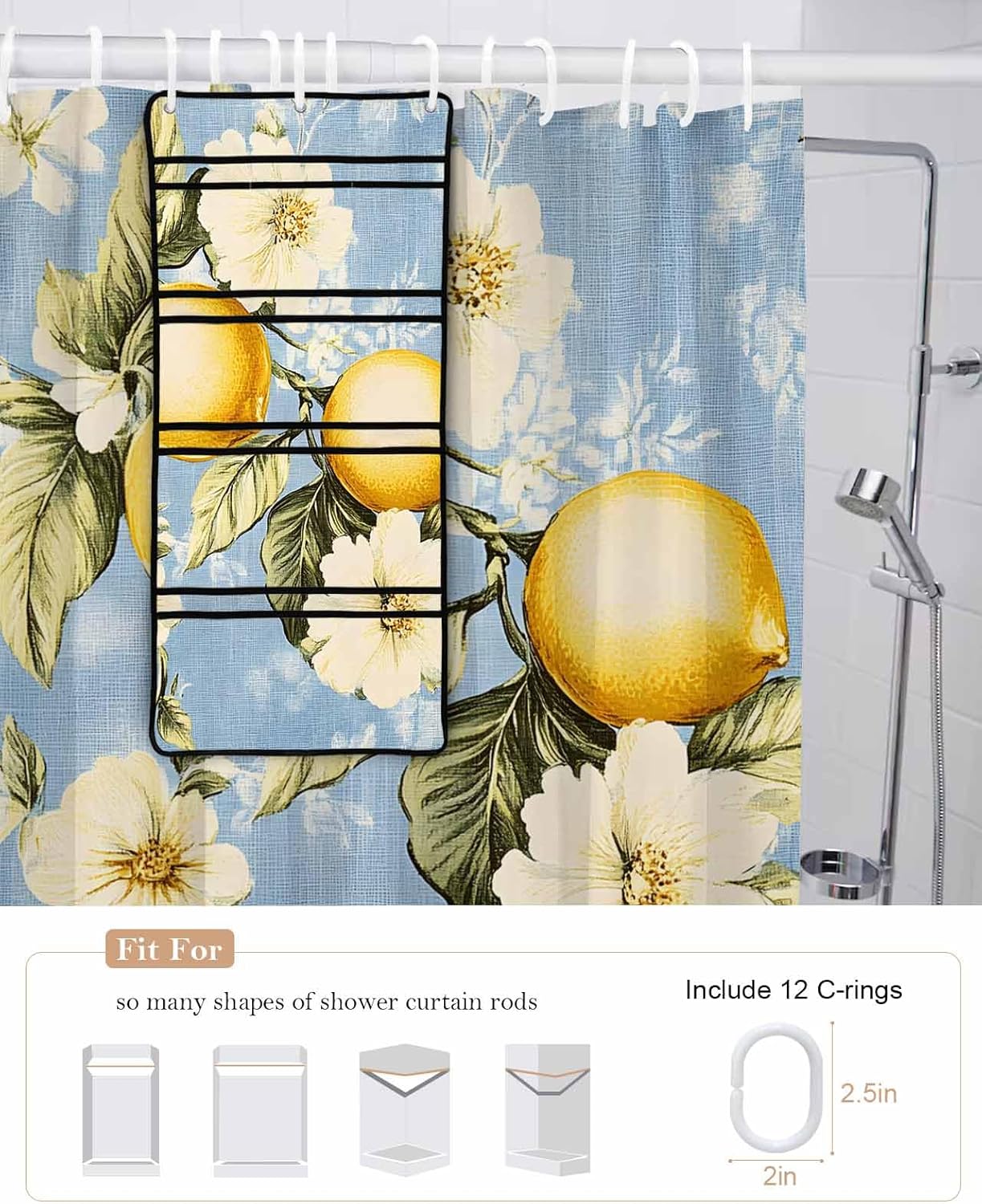 Watercolor Lemon Flower Leaf Shower Curtain Set with 10 Pockets