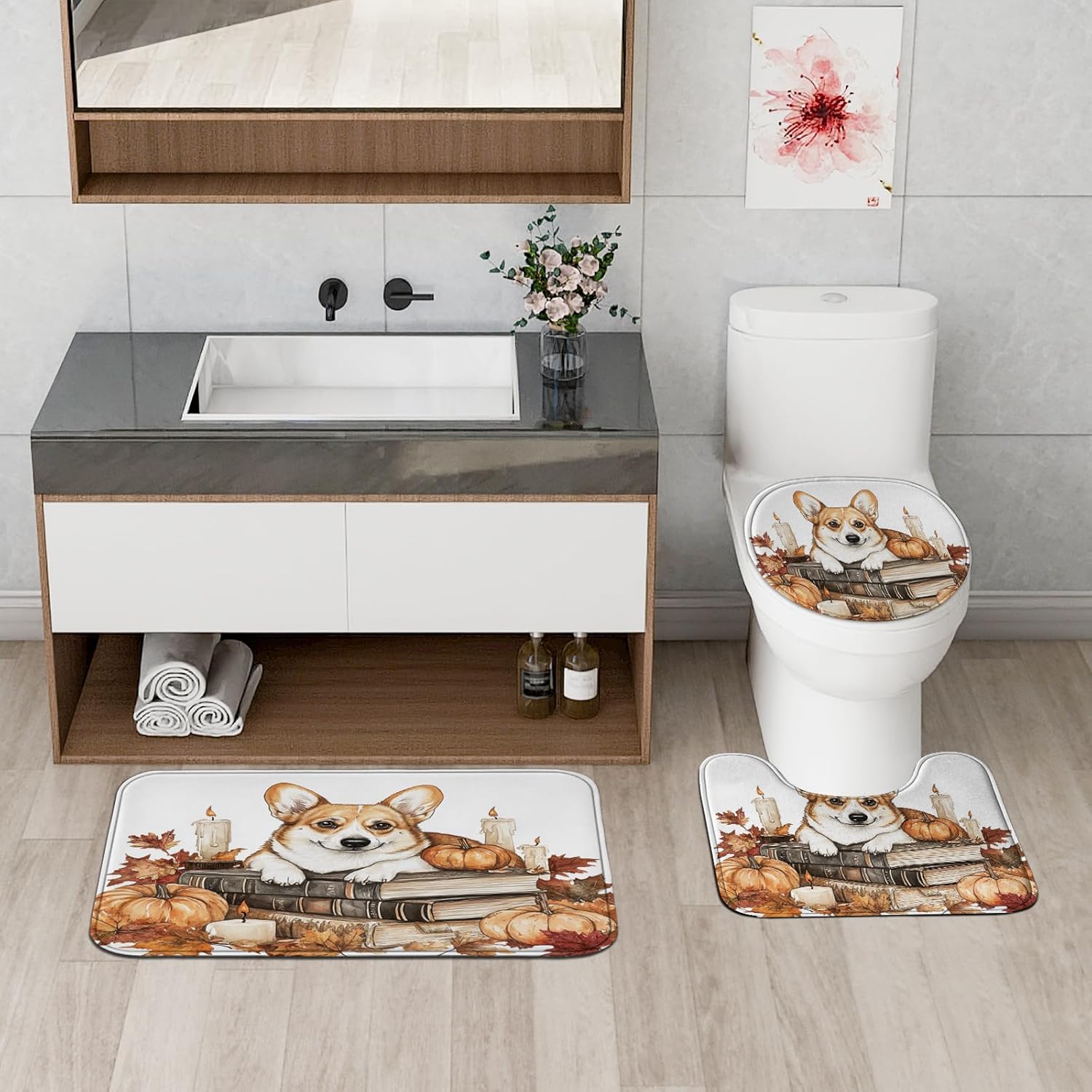 DESIHOM 4PCS Fall Corgi Dog Shower Curtain Set with Non-Slip Rug and Hooks