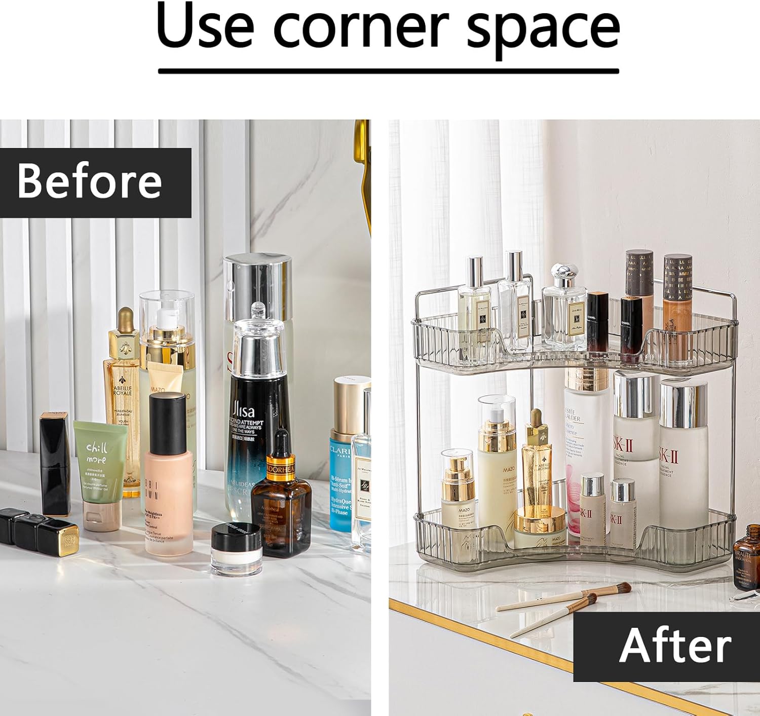 2-Tier Corner Organizer Space-Saving Storage Shelf for Bathroom Kitchen and Vanity