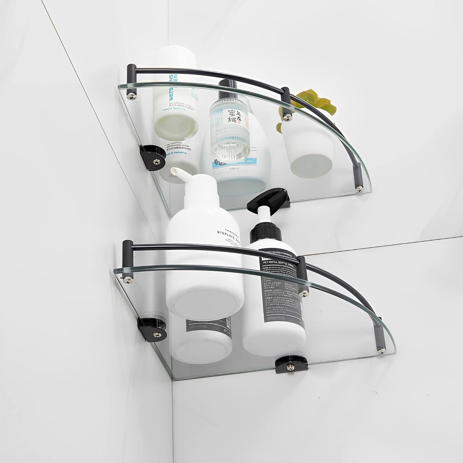 Paradmas Glass Shower Corner Shelves 2 Pack - Black Tempered Glass with Stainless Steel Rails