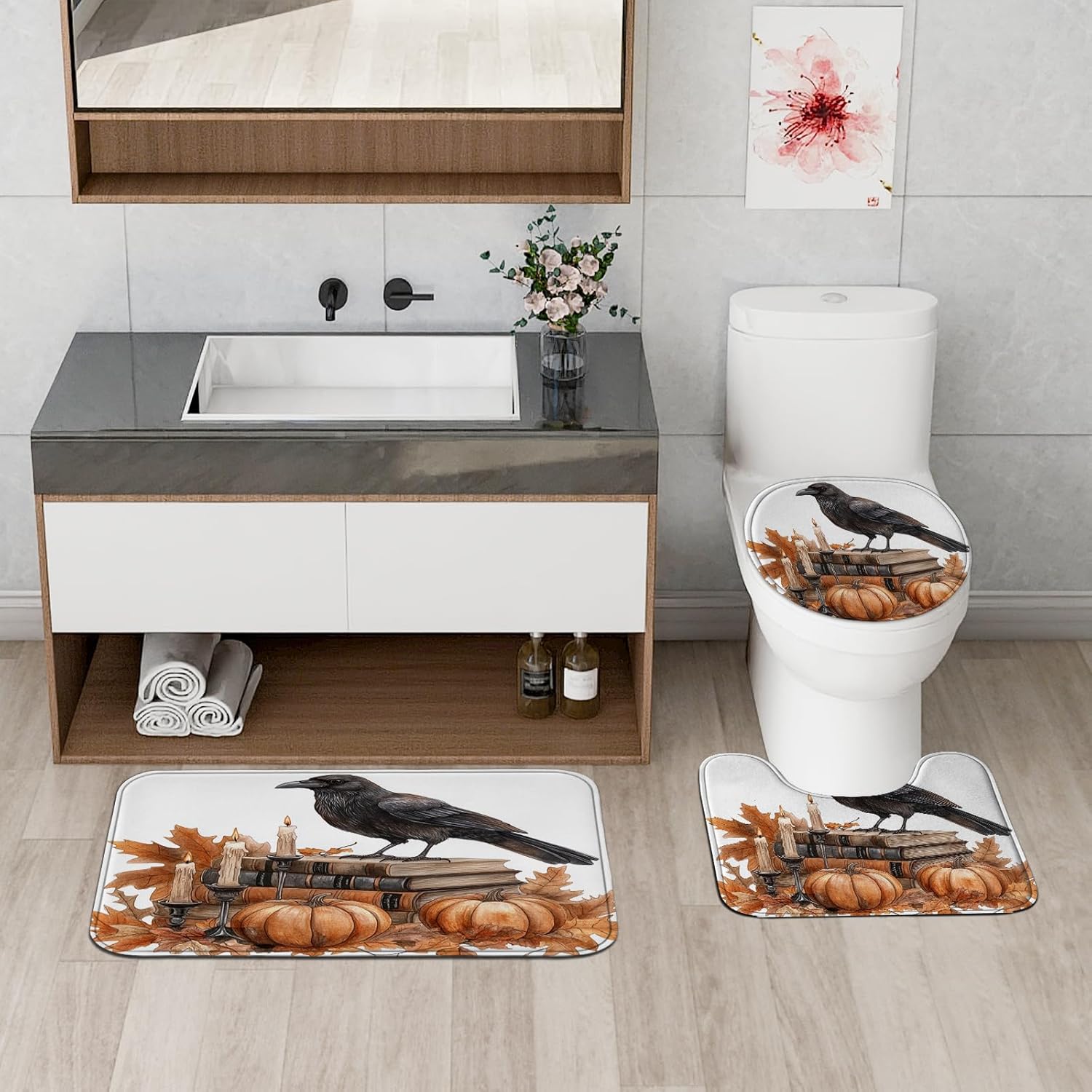 DESIHOM 4PCS Fall Crow Ravens Bird Shower Curtain Set with Non-Slip Rug and Hooks