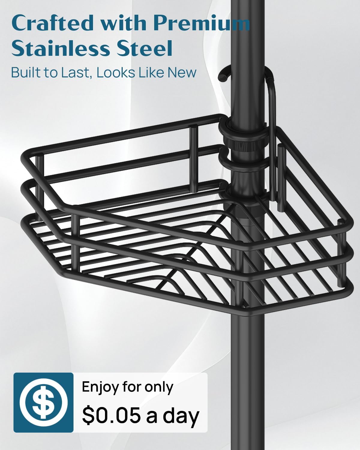 SEIRIONE Corner Shower Caddy Tension Pole with 4-Tier Adjustable Shelf Drill Free Rust-Proof Black
