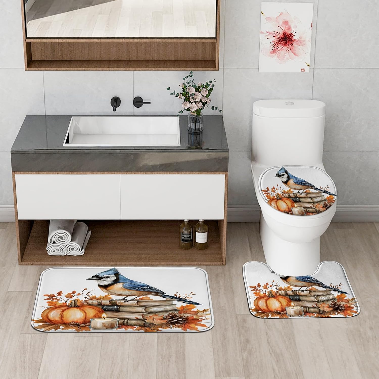 DESIHOM 4PCS Fall Blue Jay Bird Shower Curtain Set with Hooks and Bath Mat