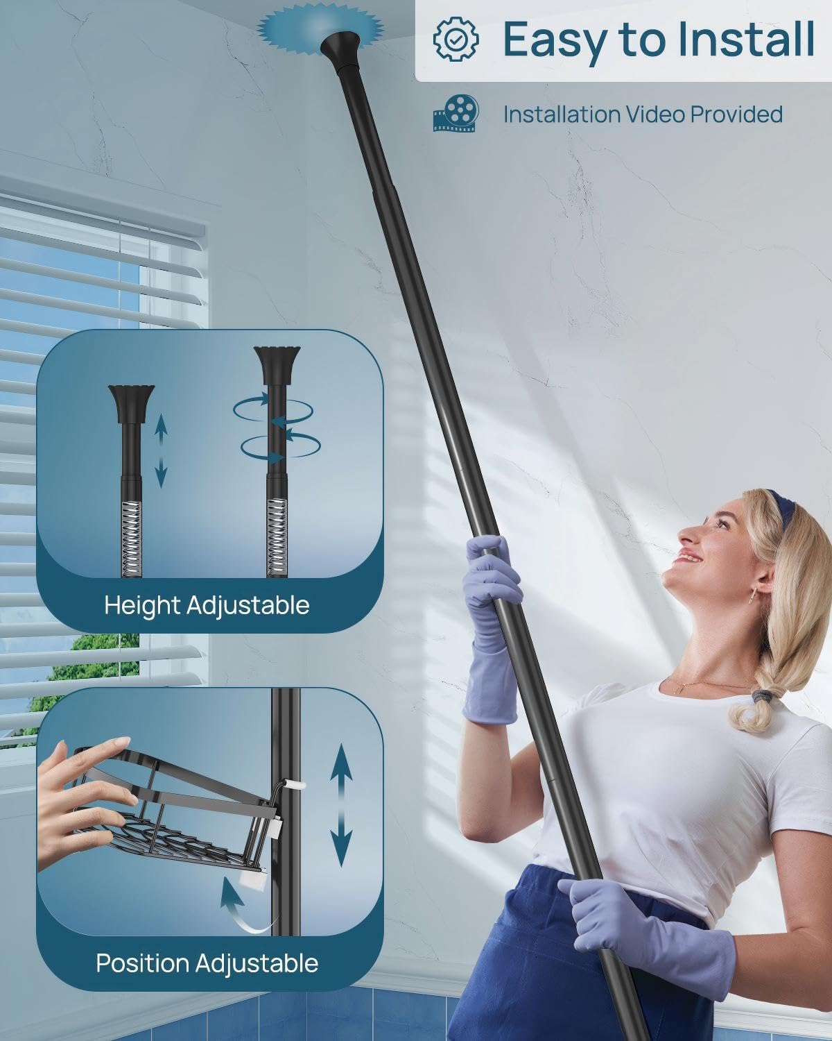 SEIRIONE Corner Shower Caddy Tension Pole 4-Tier Adjustable Rustproof Black