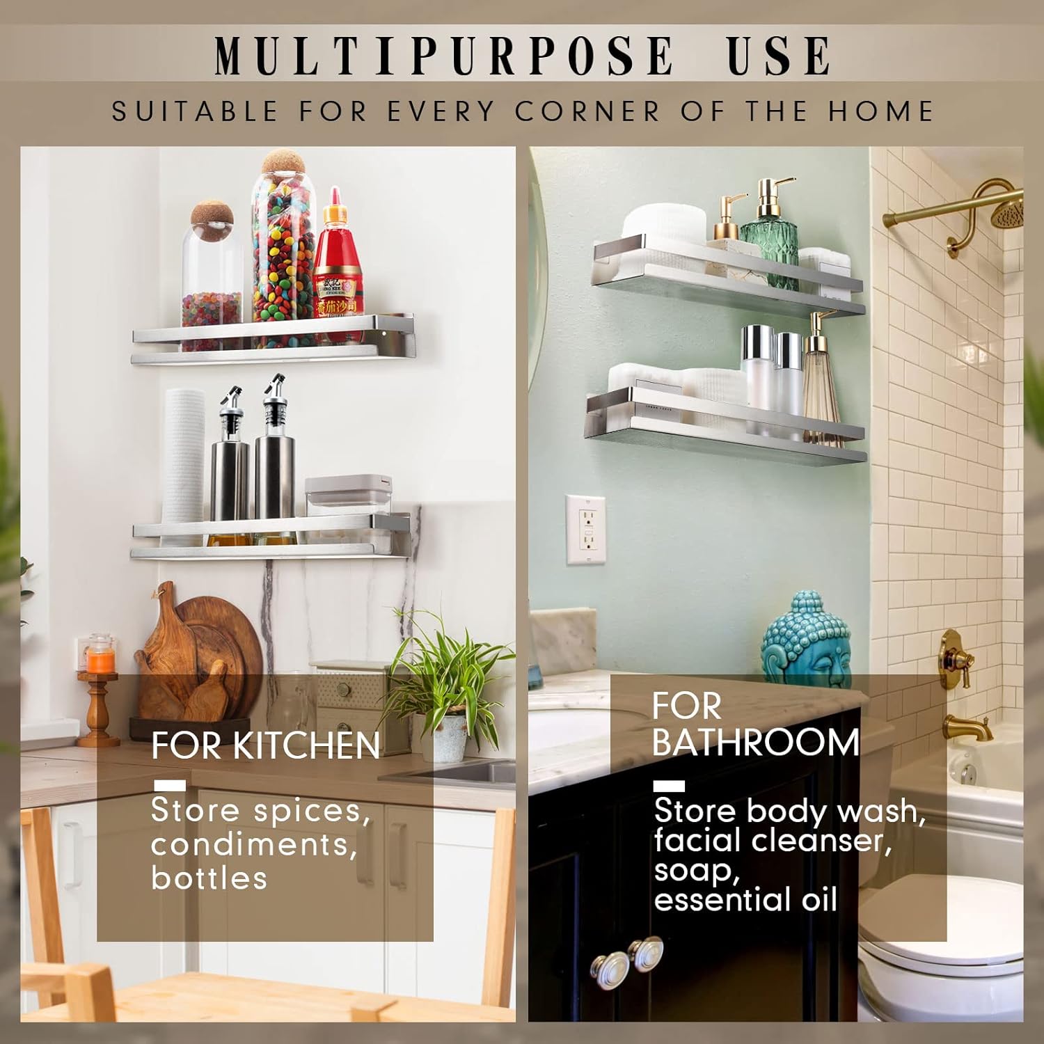 Lallisa 2 Piece Stainless Steel Floating Shelf for Bathroom Kitchen and Living Room