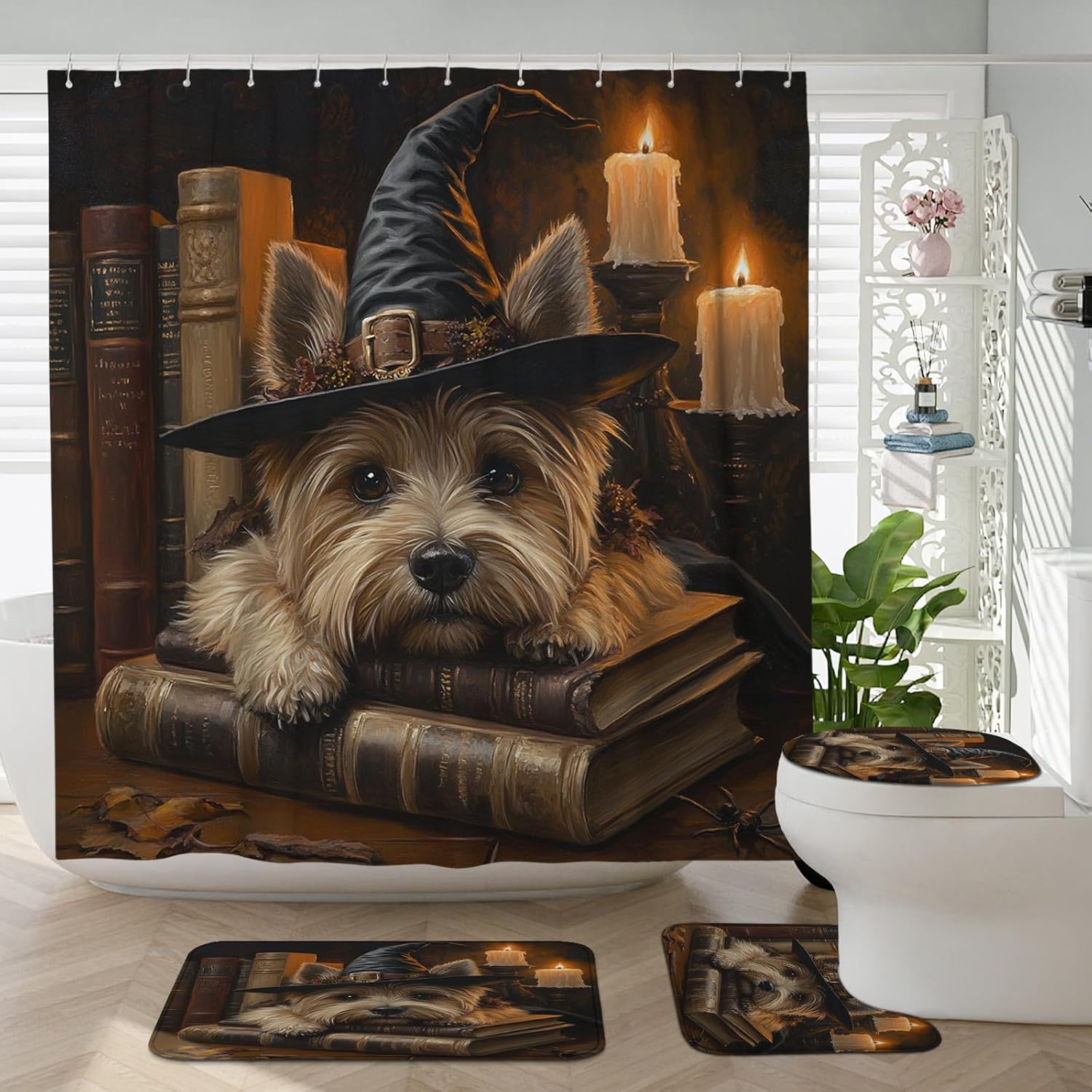 4PCS Halloween Witch Dog Bathroom Set with Non-Slip Rug and U Shape Toilet Cover 1