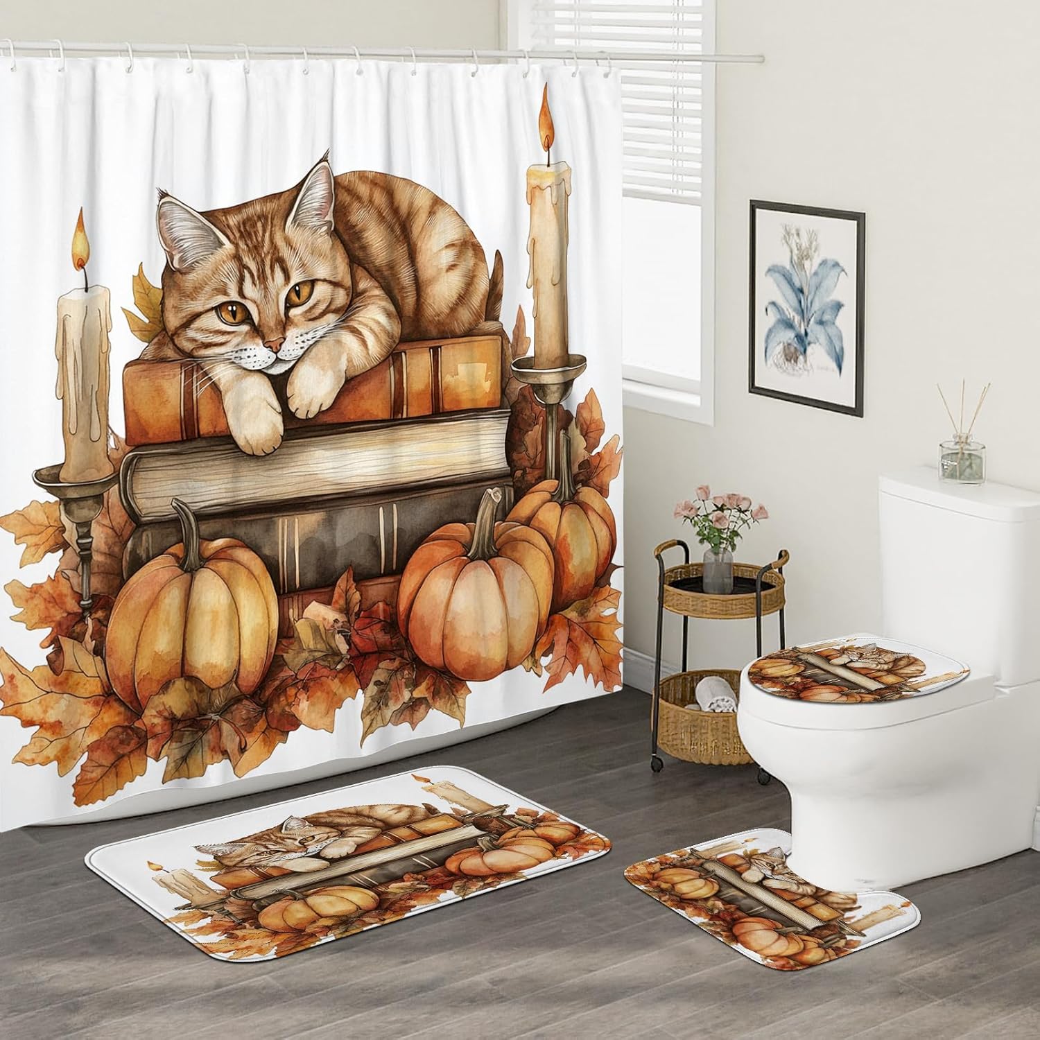 DESIHOM 4PCS Fall Cats Kitten Shower Curtain Set 72x72 with Hooks and Accessories