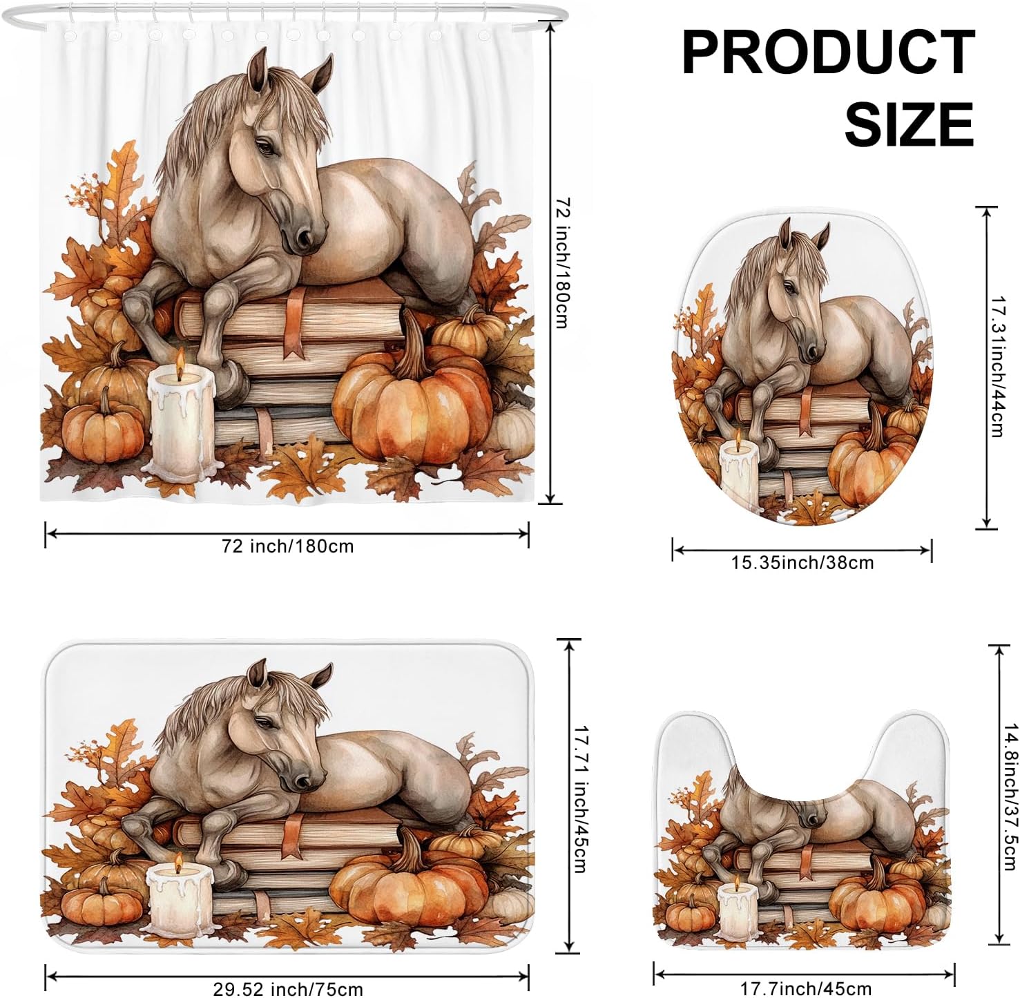 DESIHOM 4PCS Fall Horses Shower Curtain Set 72x72 with Hooks and Non-Slip Rug