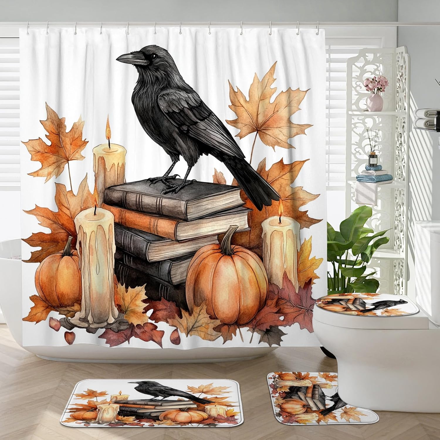 DESIHOM 4PCS Fall Crow Ravens Bird Shower Curtain Set 72x72 with Hooks and Bath Mat Accessories