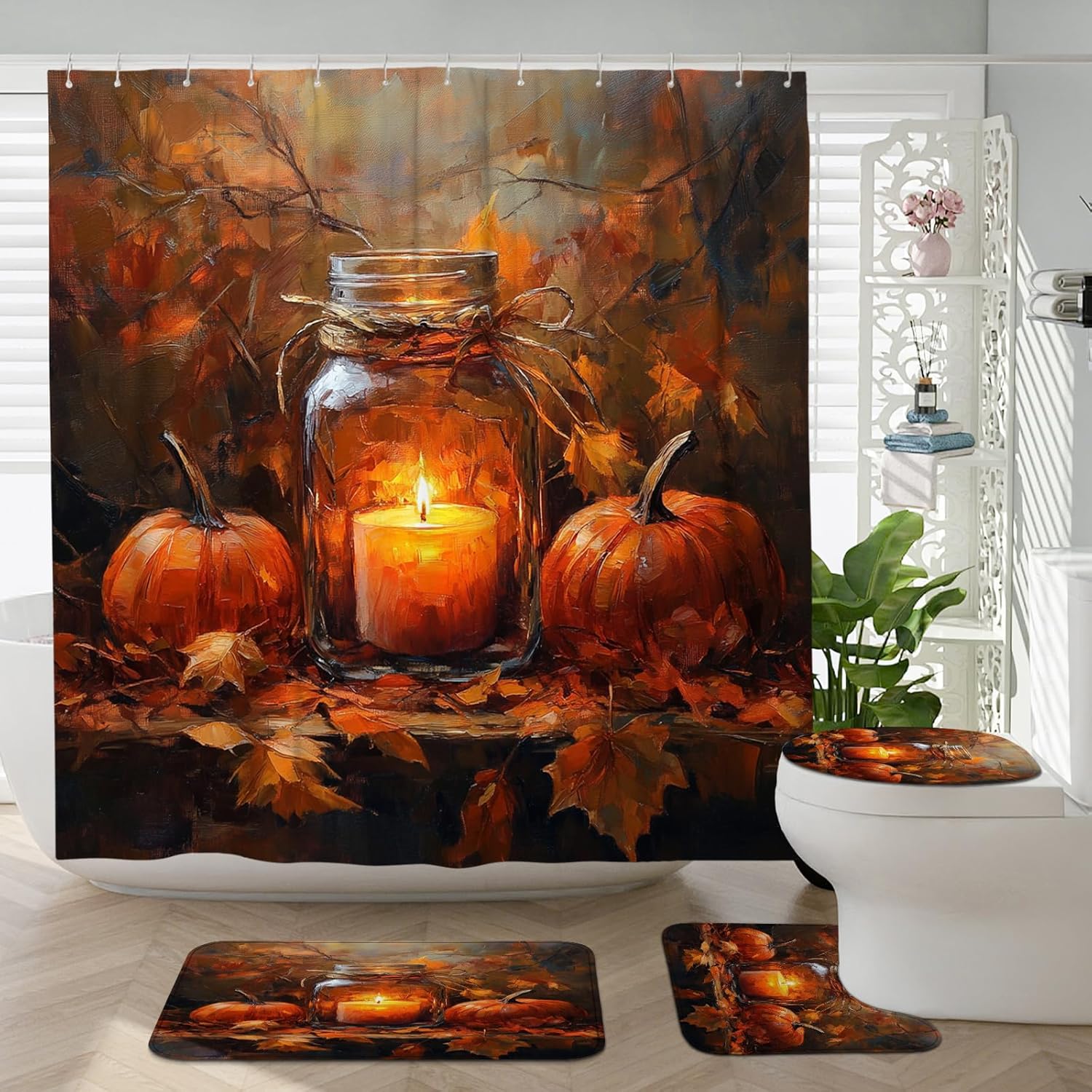DESIHOM 4PCS Fall Mason Jar Candle Shower Curtain Set with Hooks and Bath Mat