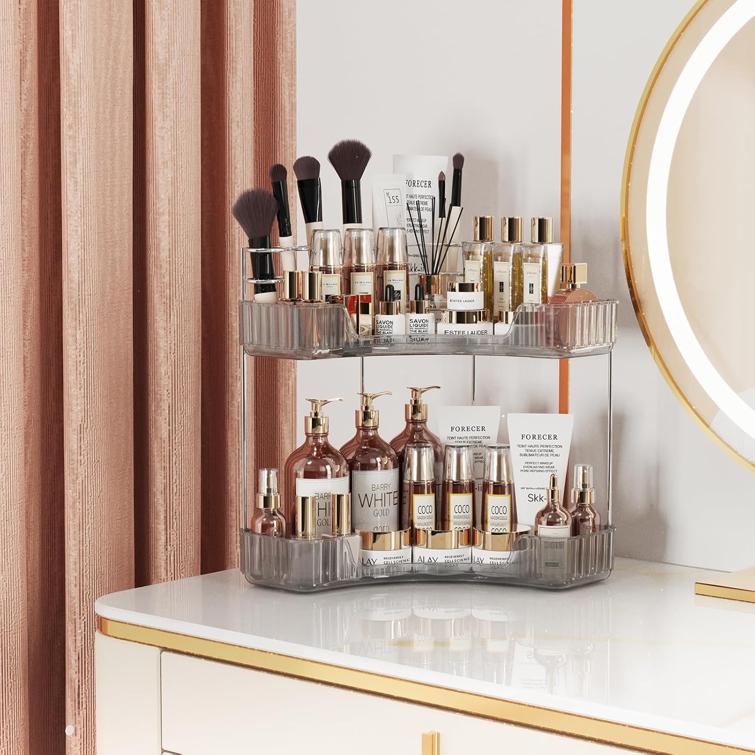 2-Tier Corner Bathroom Organizer with Toothbrush Holder and Makeup Stand