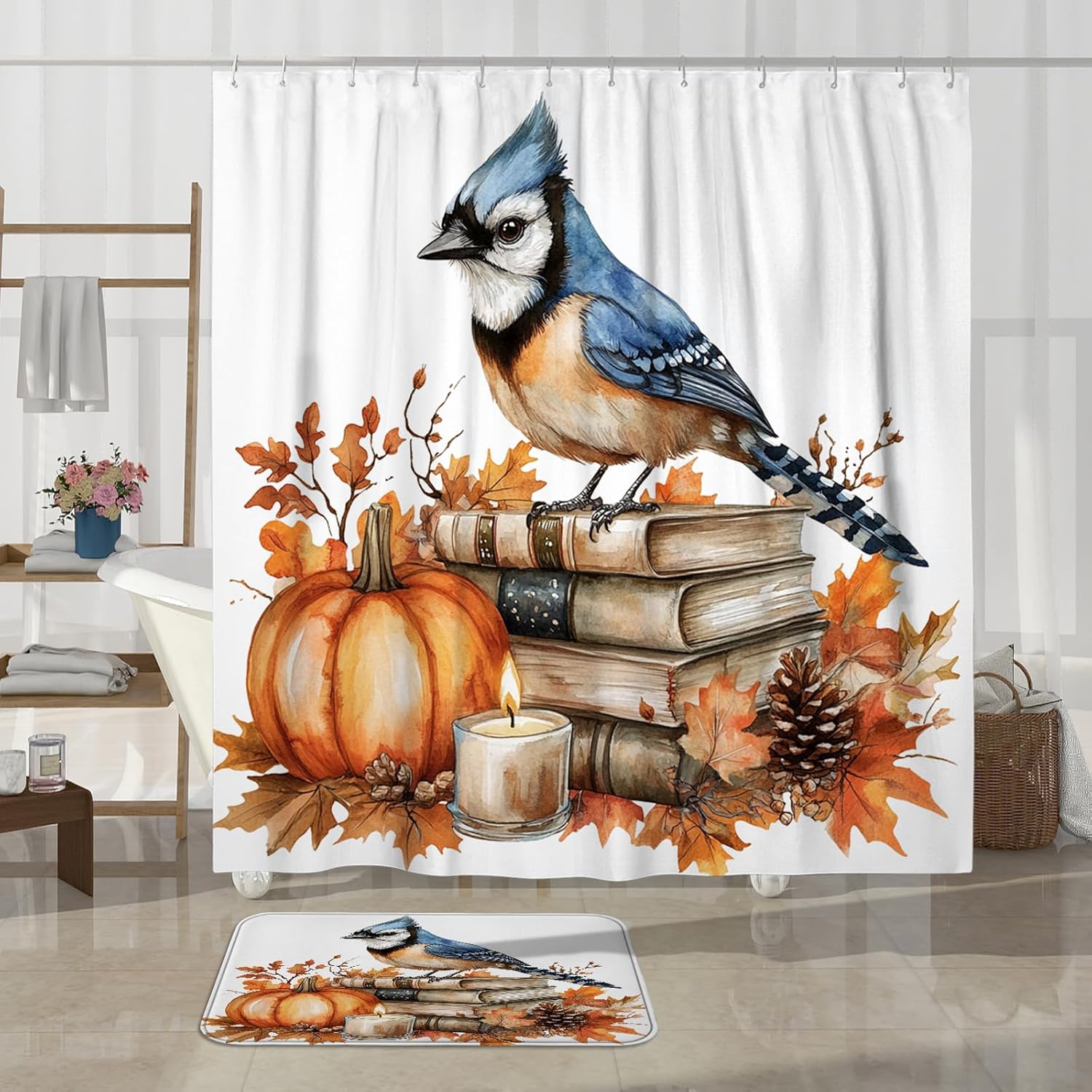 DESIHOM 4PCS Fall Blue Jay Bird Shower Curtain Set with Hooks and Bath Mat