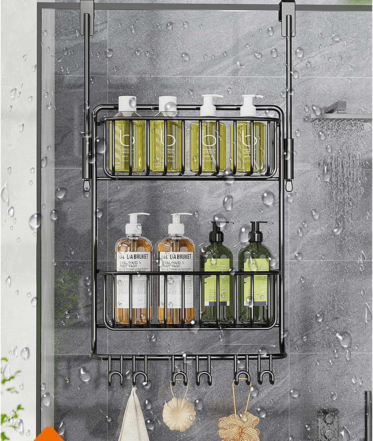 2-Tier Over Door Shower Caddy with 6 Hooks Rustproof Metal Storage for Toiletries No Drill Mount Black
