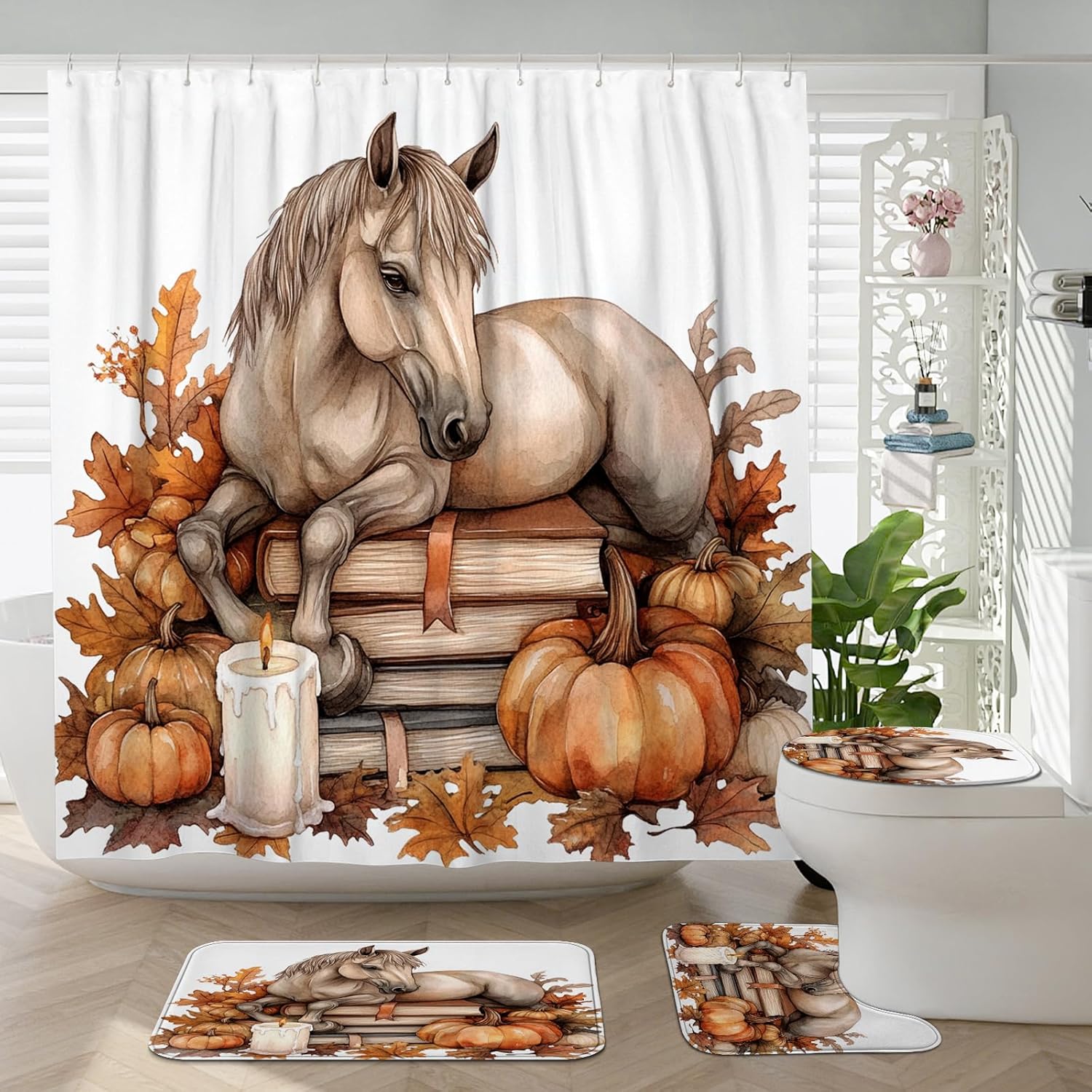 DESIHOM 4PCS Fall Horses Shower Curtain Set 72x72 with Hooks and Non-Slip Rug