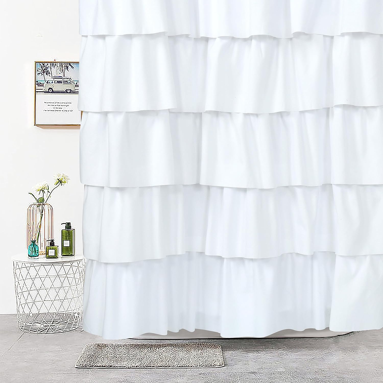 72 x 72in Farmhouse Ruffled Shower Curtain with Vintage Buttons