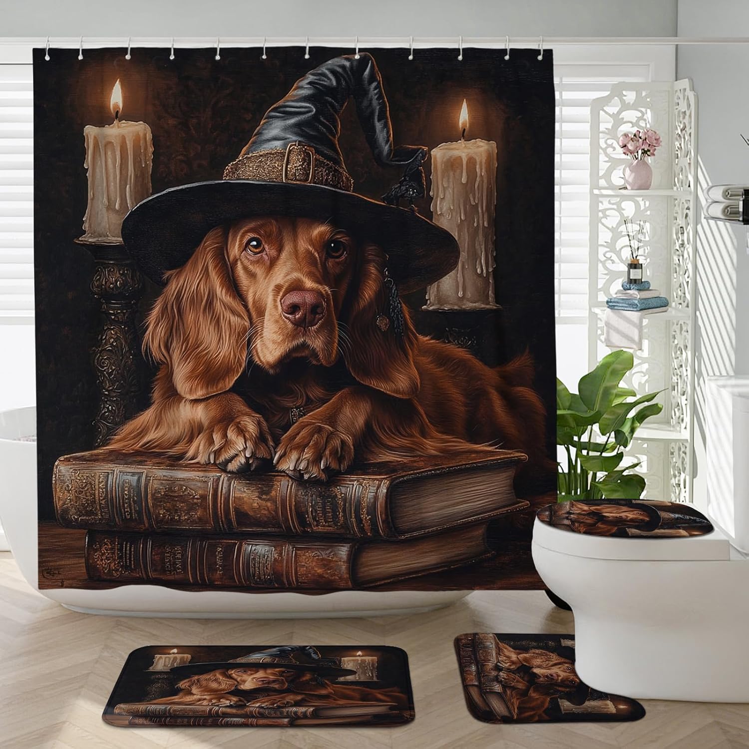 4PCS Halloween Witch Dog Bathroom Set with Non-Slip Rug and U Shape Toilet Cover