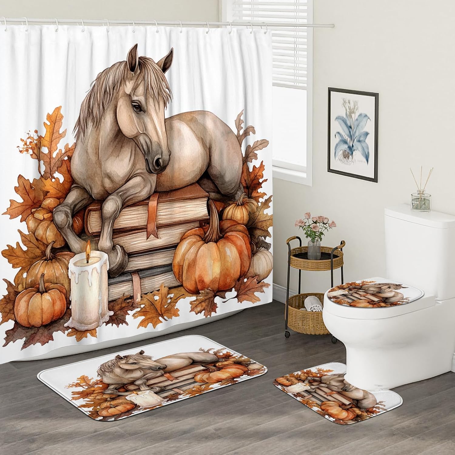DESIHOM 4PCS Fall Horses Shower Curtain Set 72x72 with Hooks and Non-Slip Rug