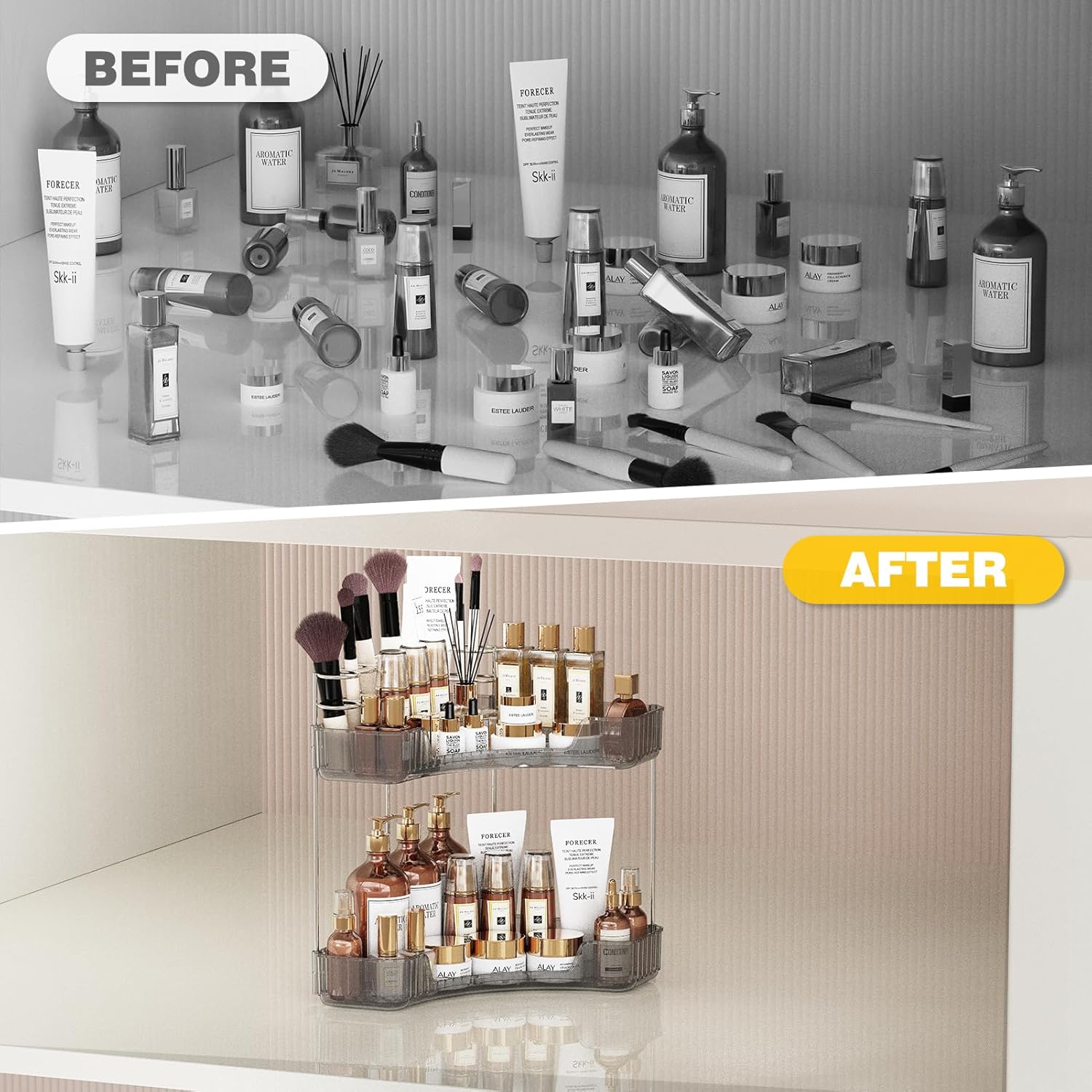 2-Tier Corner Bathroom Organizer with Toothbrush Holder and Makeup Stand