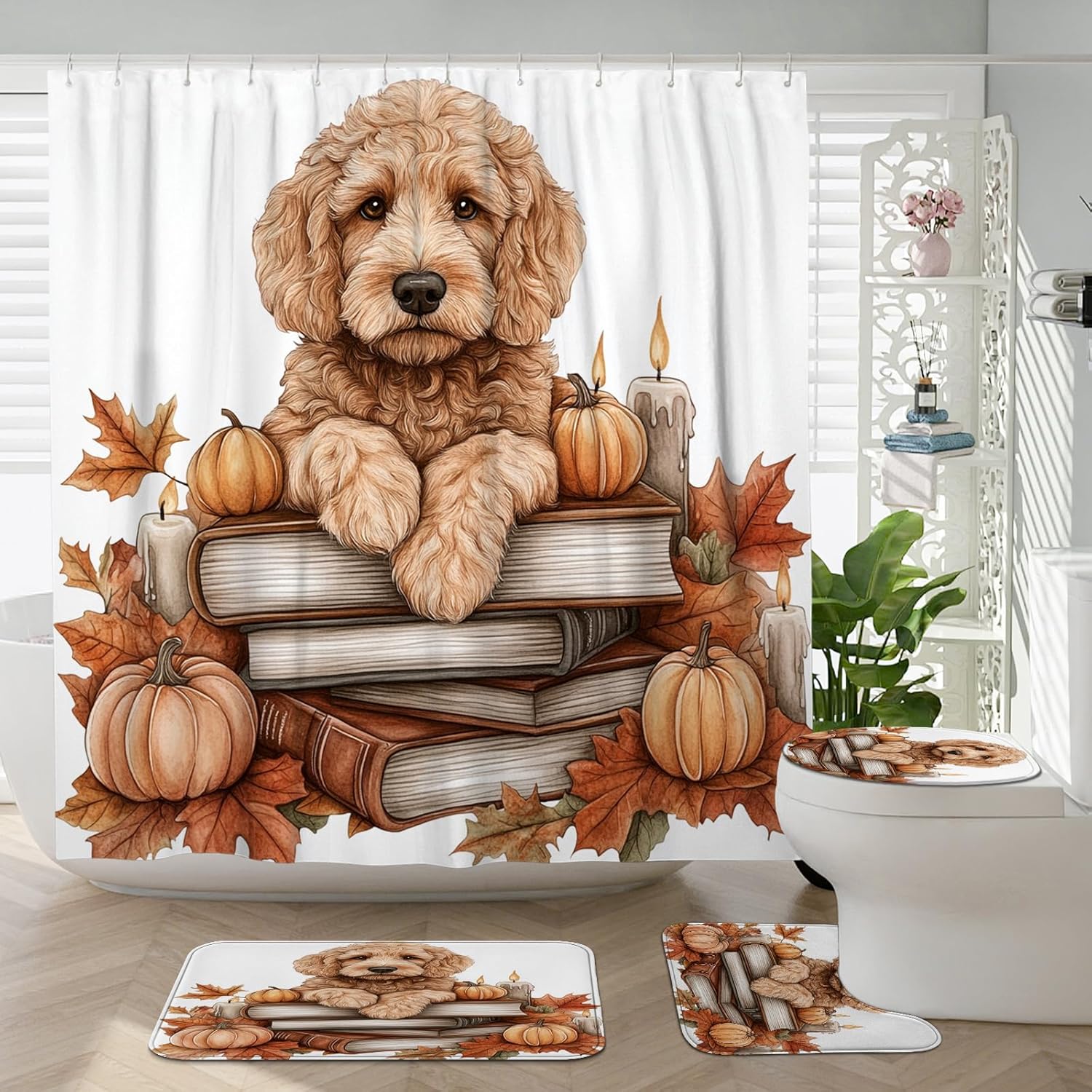 DESIHOM 4PCS Fall Golden Doodle Dog Shower Curtain Set with Non-Slip Rug and Toilet Lid Cover Mat