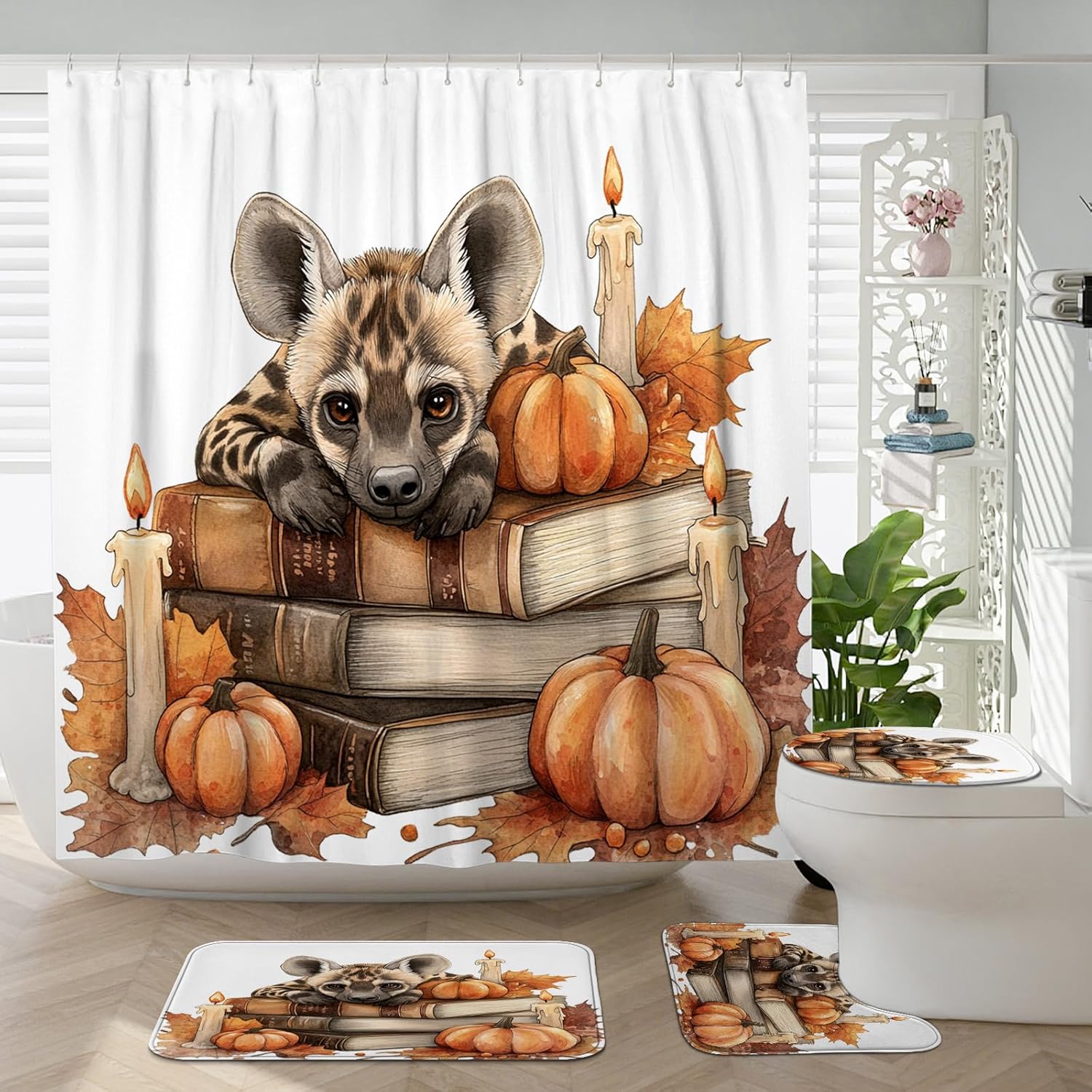 4PCS Fall Striped Hyena Pumpkins Shower Curtain Set with Non-Slip Rug and Toilet Lid Cover Mat
