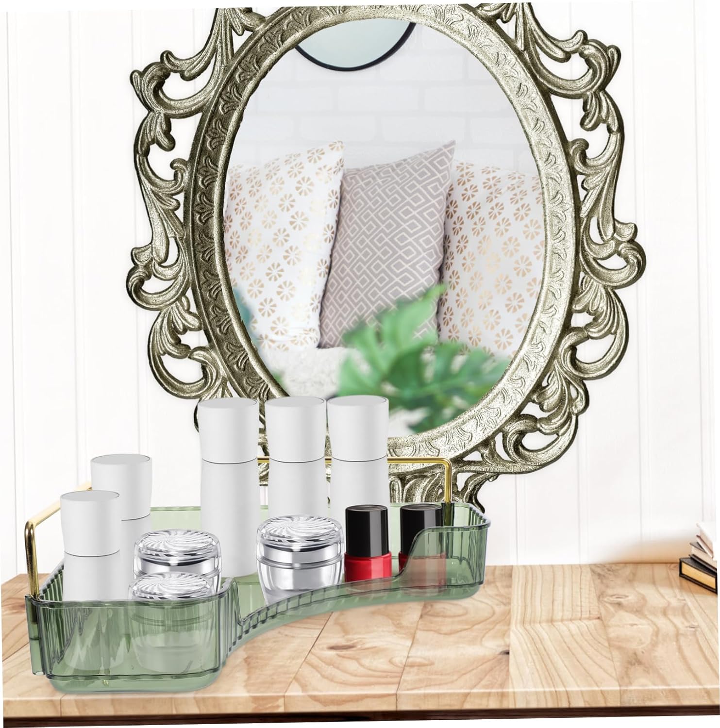 Triangular Makeup Organizer Shelf Corner Storage for Bathroom Vanity Single Layer Green