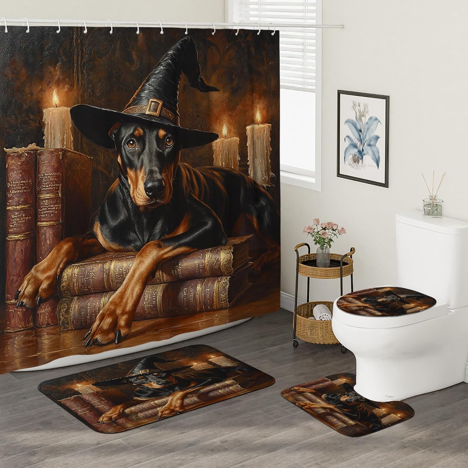 4PCS Halloween Witch Dog Bathroom Set with Non-Slip Rug and Magic Book Candle Decor
