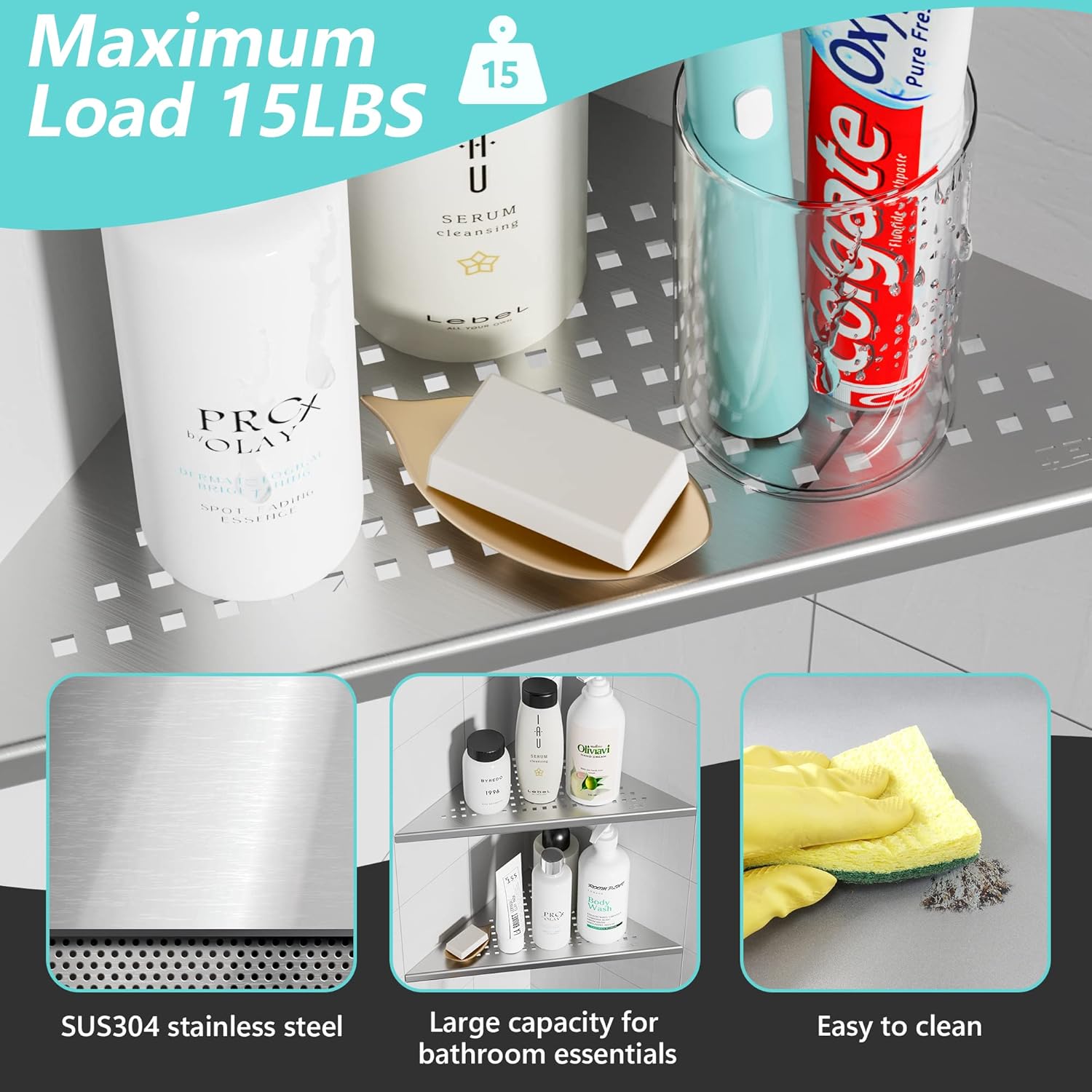 2 Pack Recessed Corner Shower Shelf Brushed Nickel SUS304 Stainless Steel No Drilling