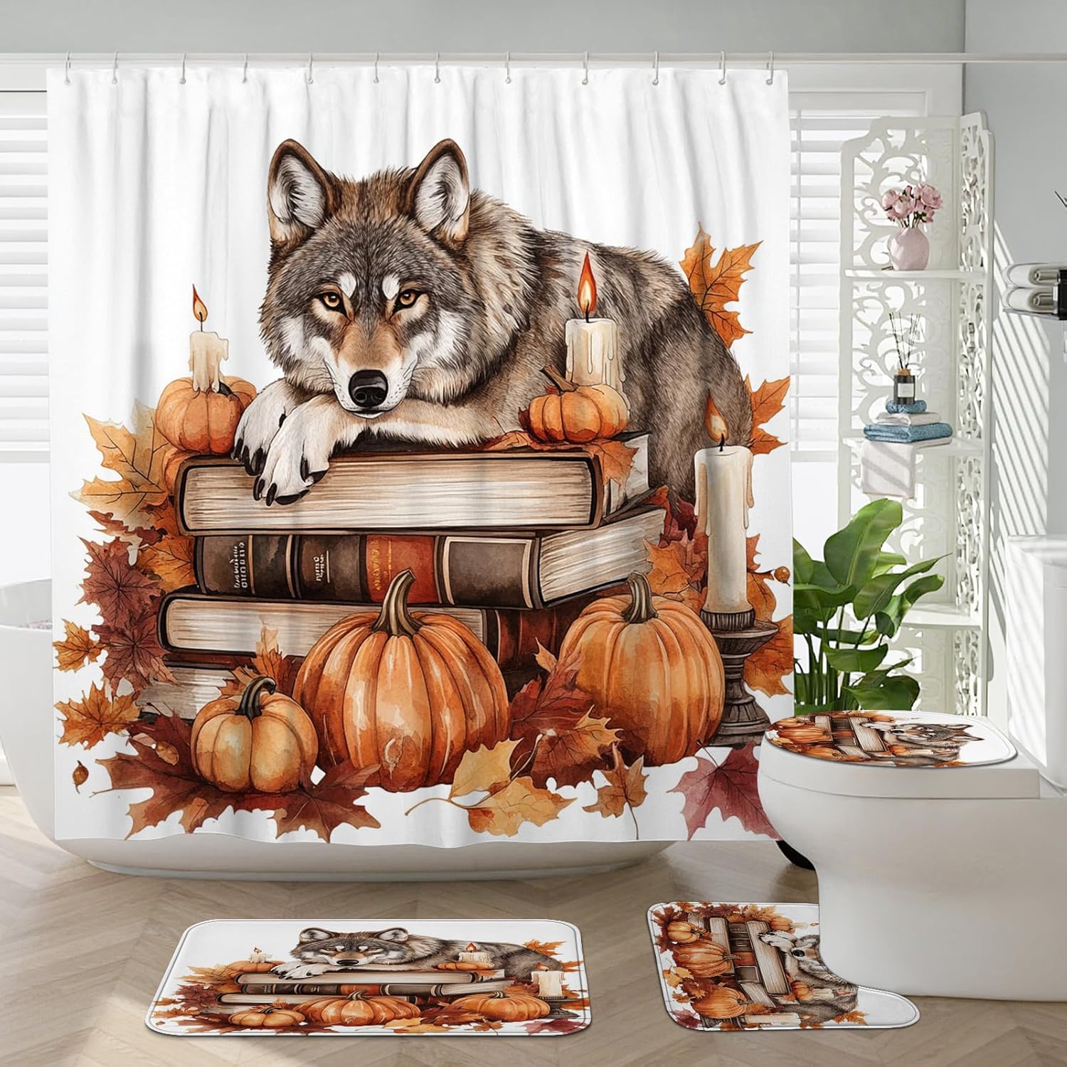 4PCS Fall Wolf Pumpkins Shower Curtain Set with Non-Slip Rug and Toilet Lid Cover Mat