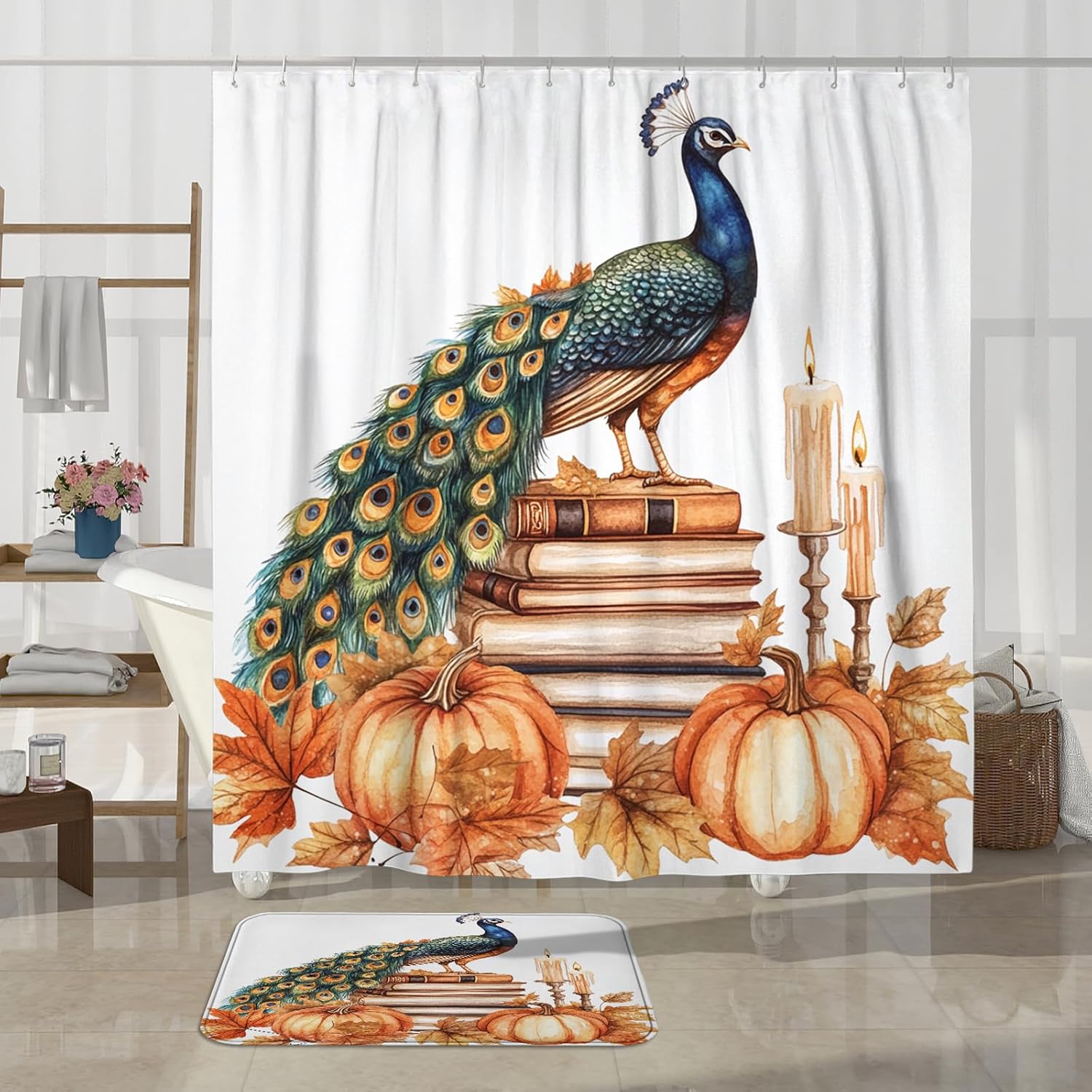 DESIHOM 4PCS Fall Peacock Shower Curtain Set with Hooks Non-Slip Rug U Shape and Toilet Lid Cover Mat