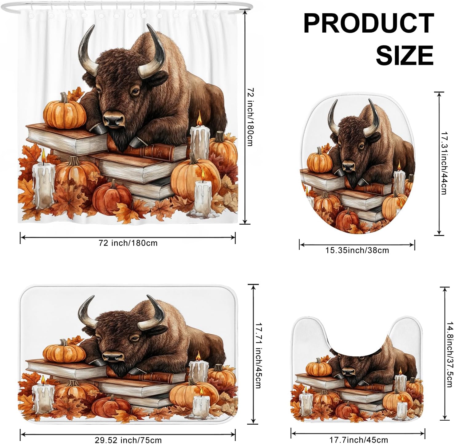 DESIHOM 4PCS Fall Bisons Pumpkins Shower Curtain Set with Hooks and Non-Slip Rug