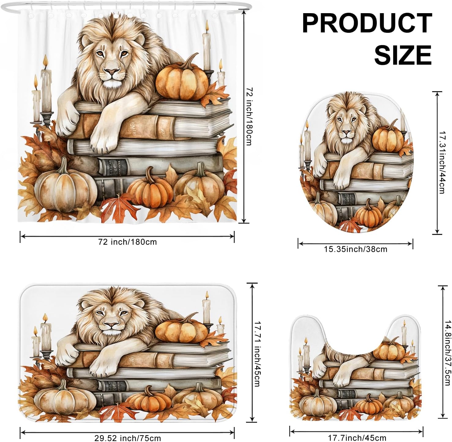 4PCS Fall Lion Pumpkins Shower Curtain Set with Non-Slip Rug and Toilet Mat