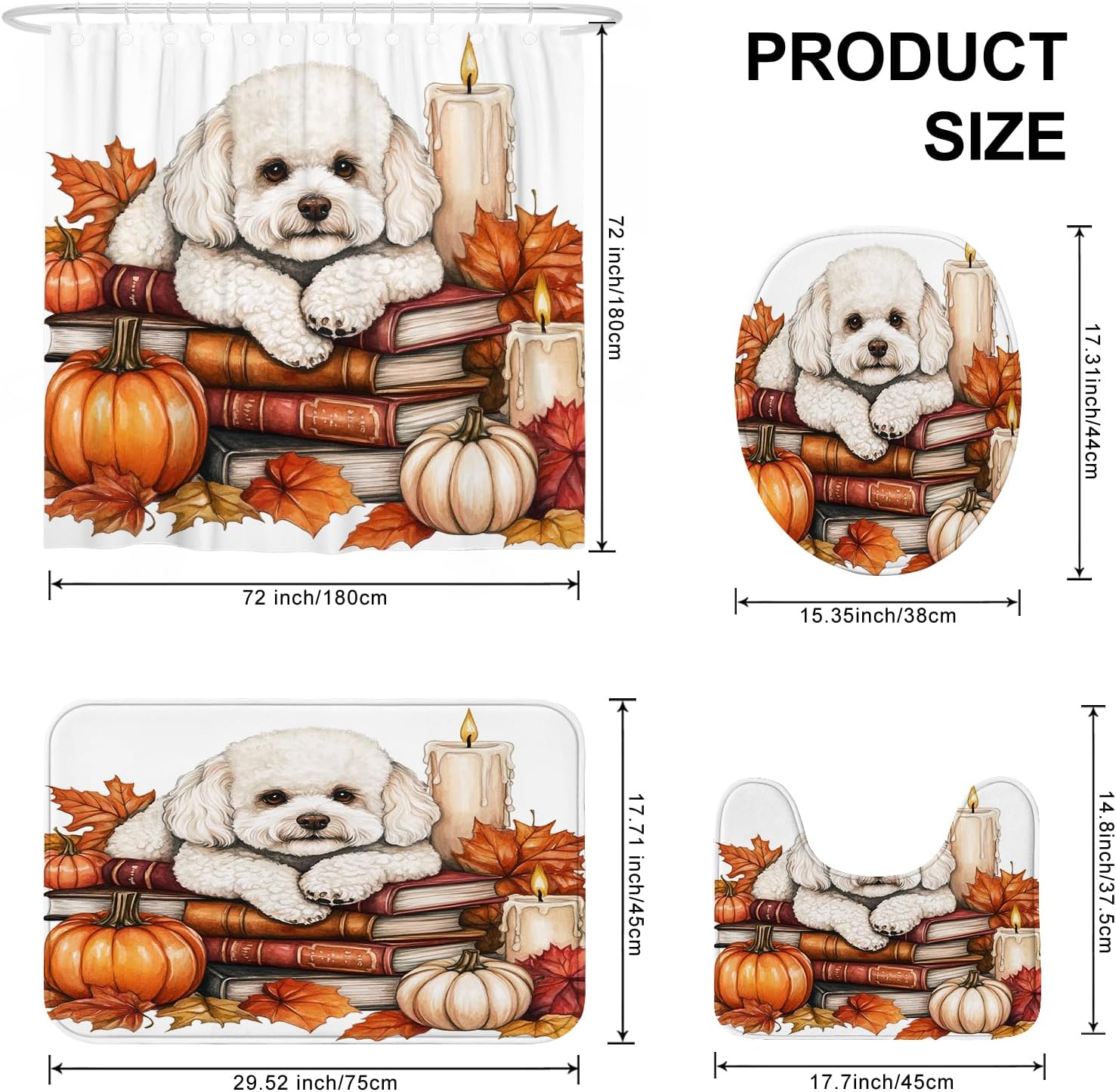 DESIHOM 4PCS Fall Bichon Frise Dog Shower Curtain Set with Non-Slip Rug and Toilet Lid Cover Mat
