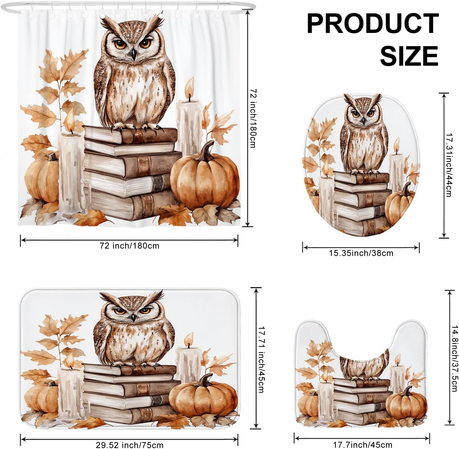 DESIHOM 4PCS Fall Owl Bird Shower Curtain Set with Non-Slip Rug and 12 Hooks