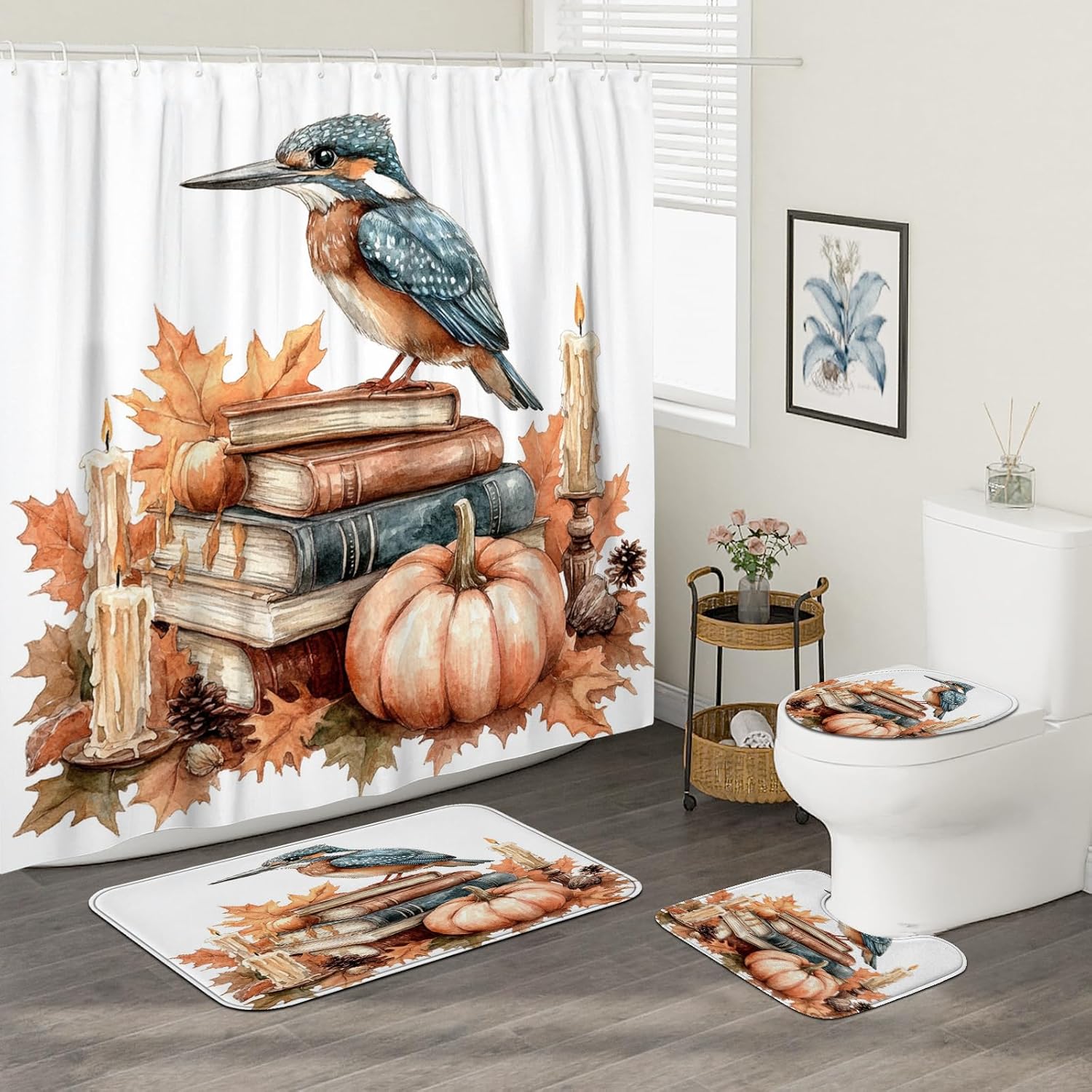 DESIHOM 4PCS Fall Kingfishers Bird Shower Curtain Set with Non-Slip Rug and 12 Hooks