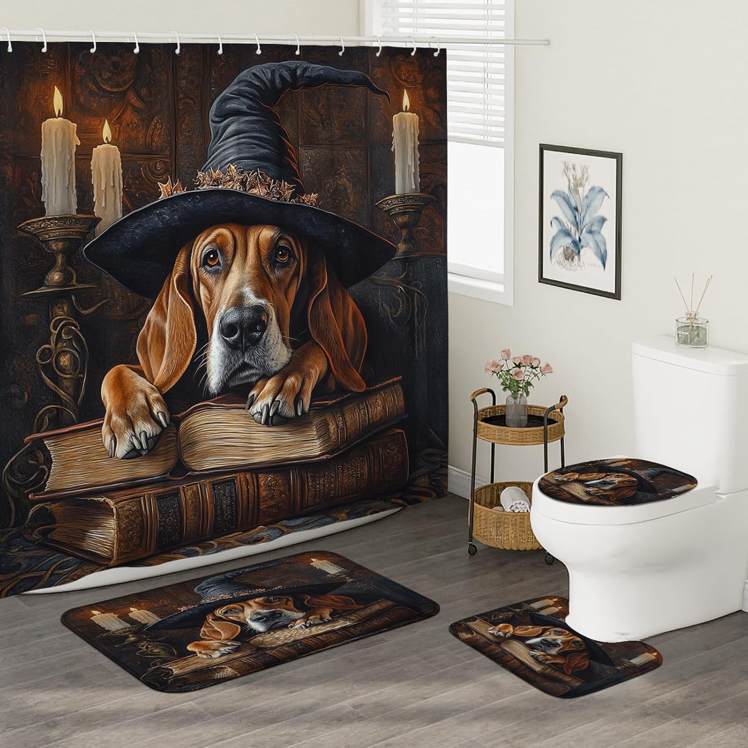 4PCS Halloween Witch Bath Set with Non-Slip Rug and U Shape Toilet Lid Cover