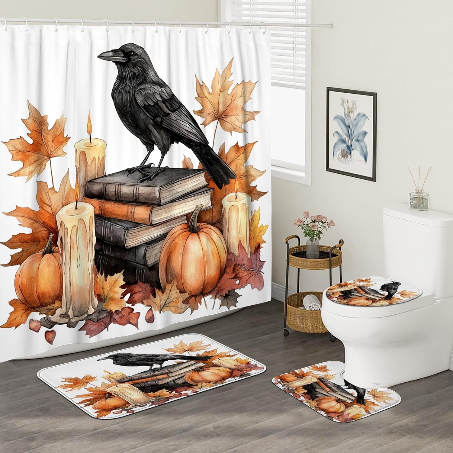 DESIHOM 4PCS Fall Crow Ravens Bird Shower Curtain Set 72x72 with Hooks and Bath Mat Accessories