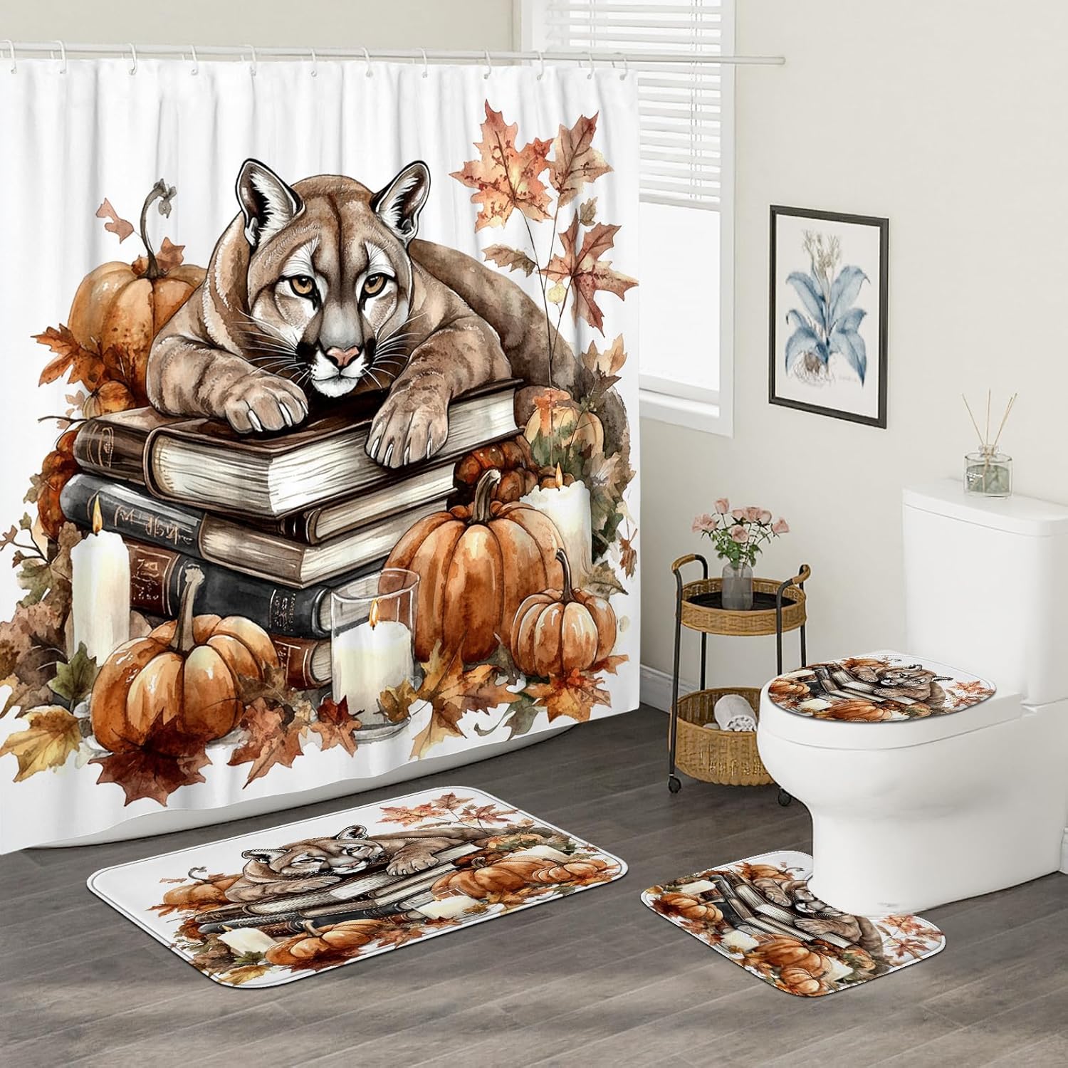 4PCS Fall Cougar Pumpkins Shower Curtain Set with Non-Slip Rug and Toilet Lid Cover Mat
