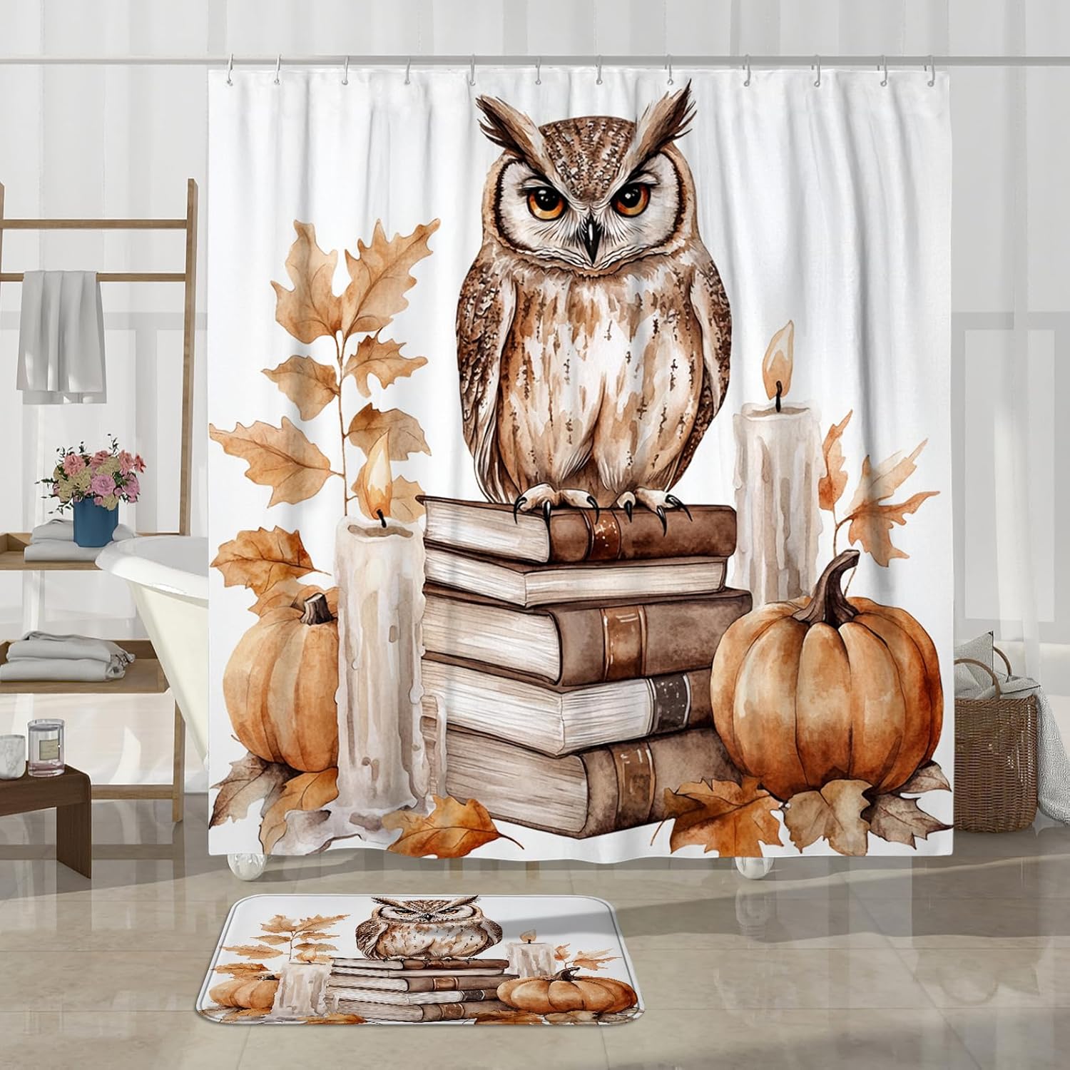 DESIHOM 4PCS Fall Owl Bird Shower Curtain Set with Non-Slip Rug and 12 Hooks